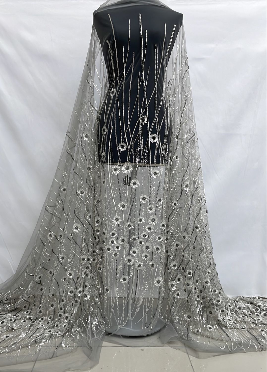 Dress Fabric [ 25078 ] Tulle Emb Beaded-KQ-DSN#1-137-Gray-01 per Meter