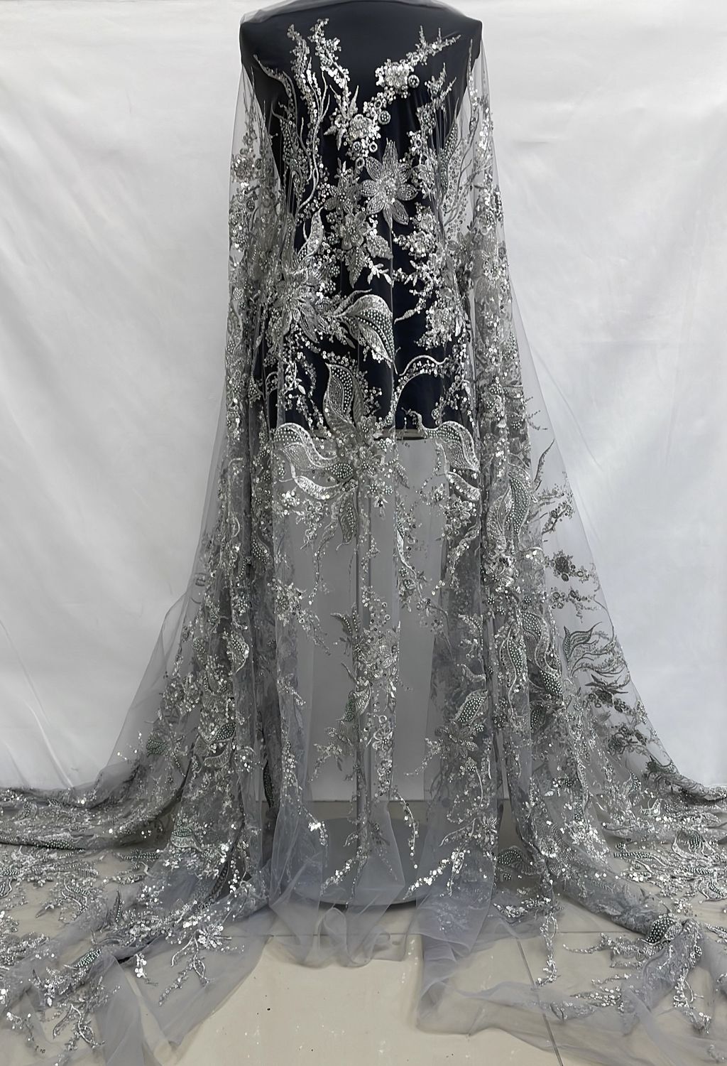 Dress Fabric [ 24747 ] Tulle Emb Bead-37841-137-Grey per Meter