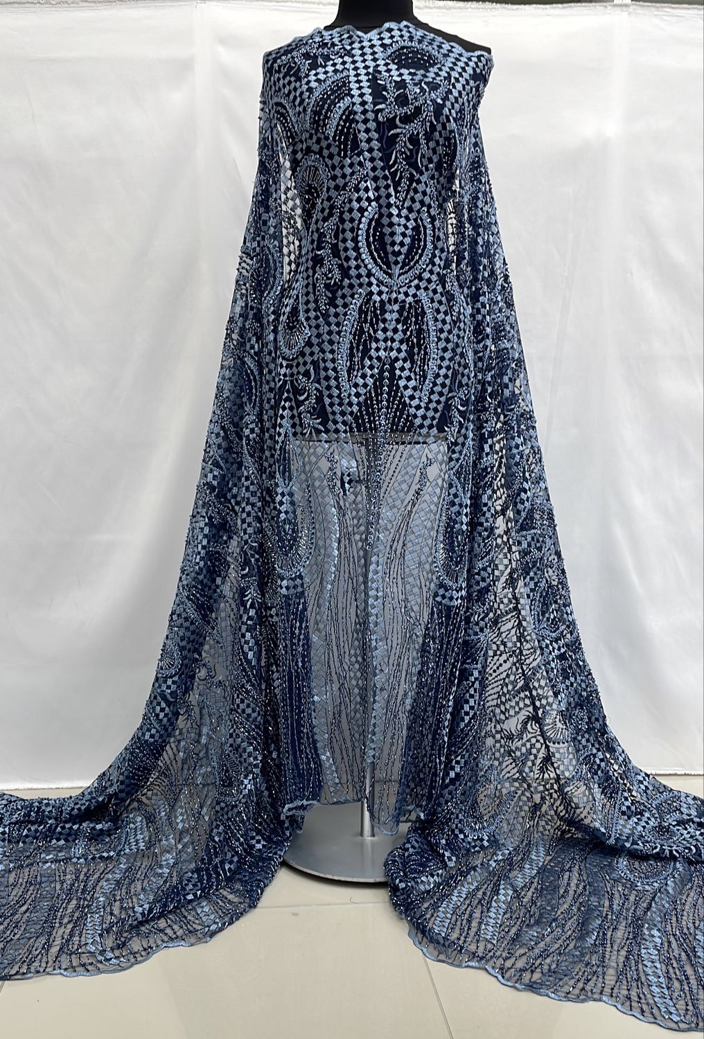 Dress Fabric [ 24744 ] Tulle Emb Bead-37837-137-Navy-6 per Meter