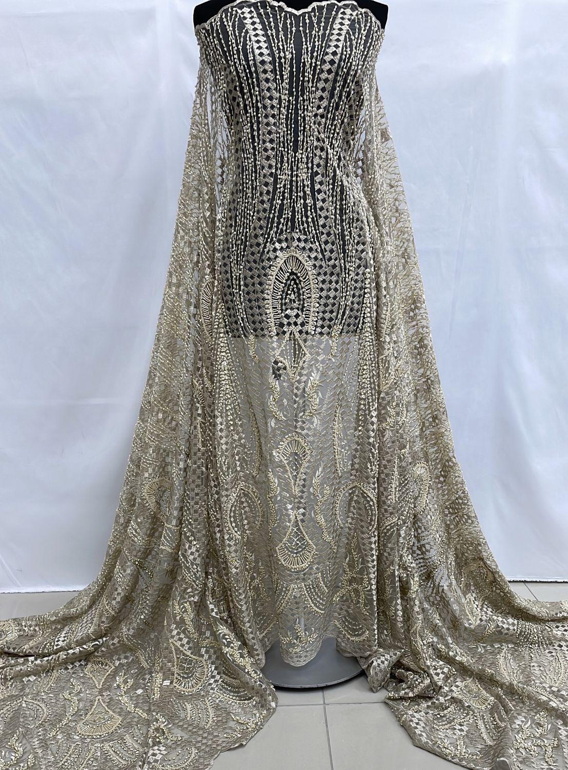 Dress Fabric [ 24740 ] Tulle Emb Bead-37837-137-Champagne-2 per Meter