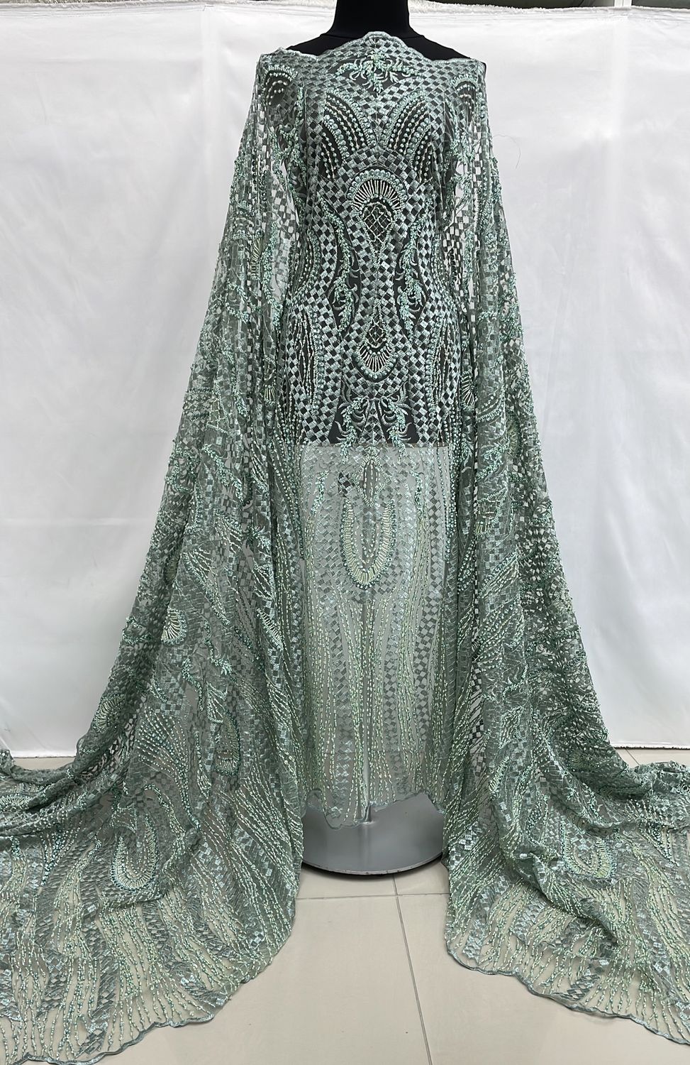 Dress Fabric [ 24743 ] Tulle Emb Bead-37837-137-Mint-5 per Meter