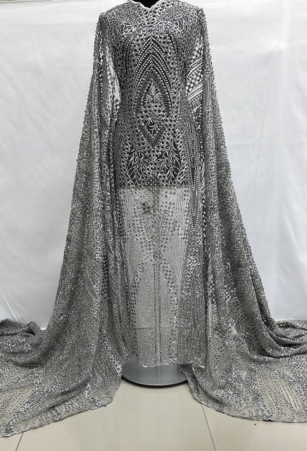 Dress Fabric [ 24739 ] Tulle Emb Bead-37837-137-Grey-1 per Meter