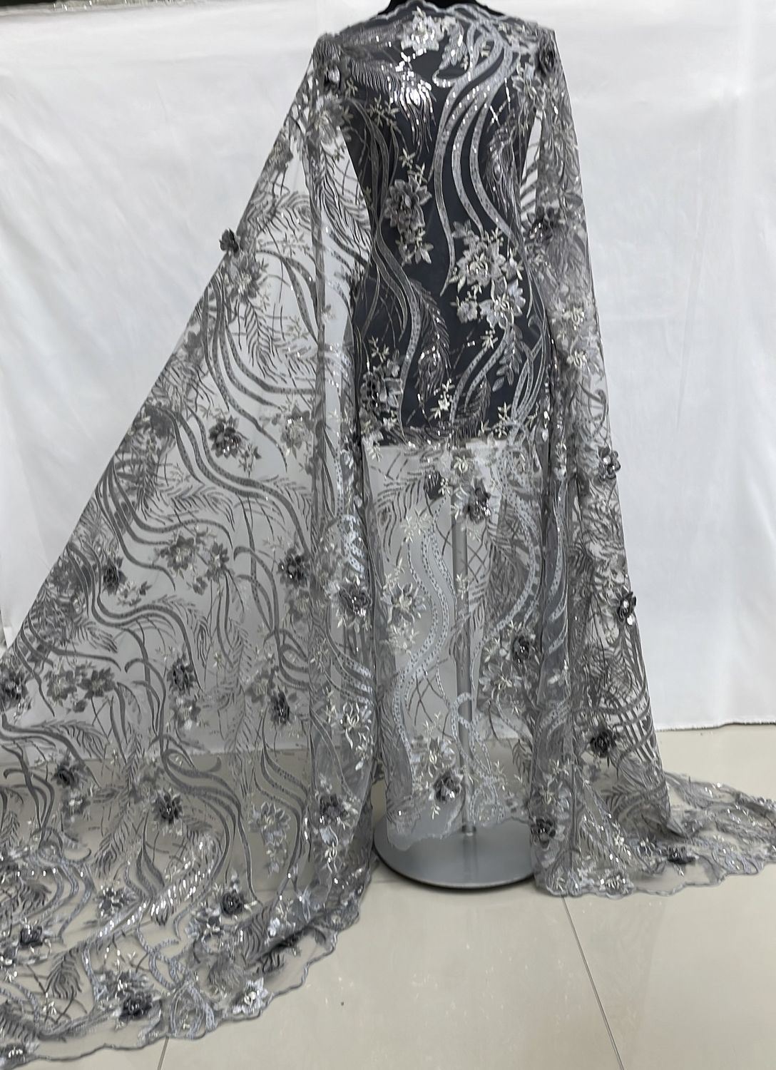 Dress Fabric [ 21102 ] Tulle Embroidered Applique Beaded/137/5g/Grey per Meter