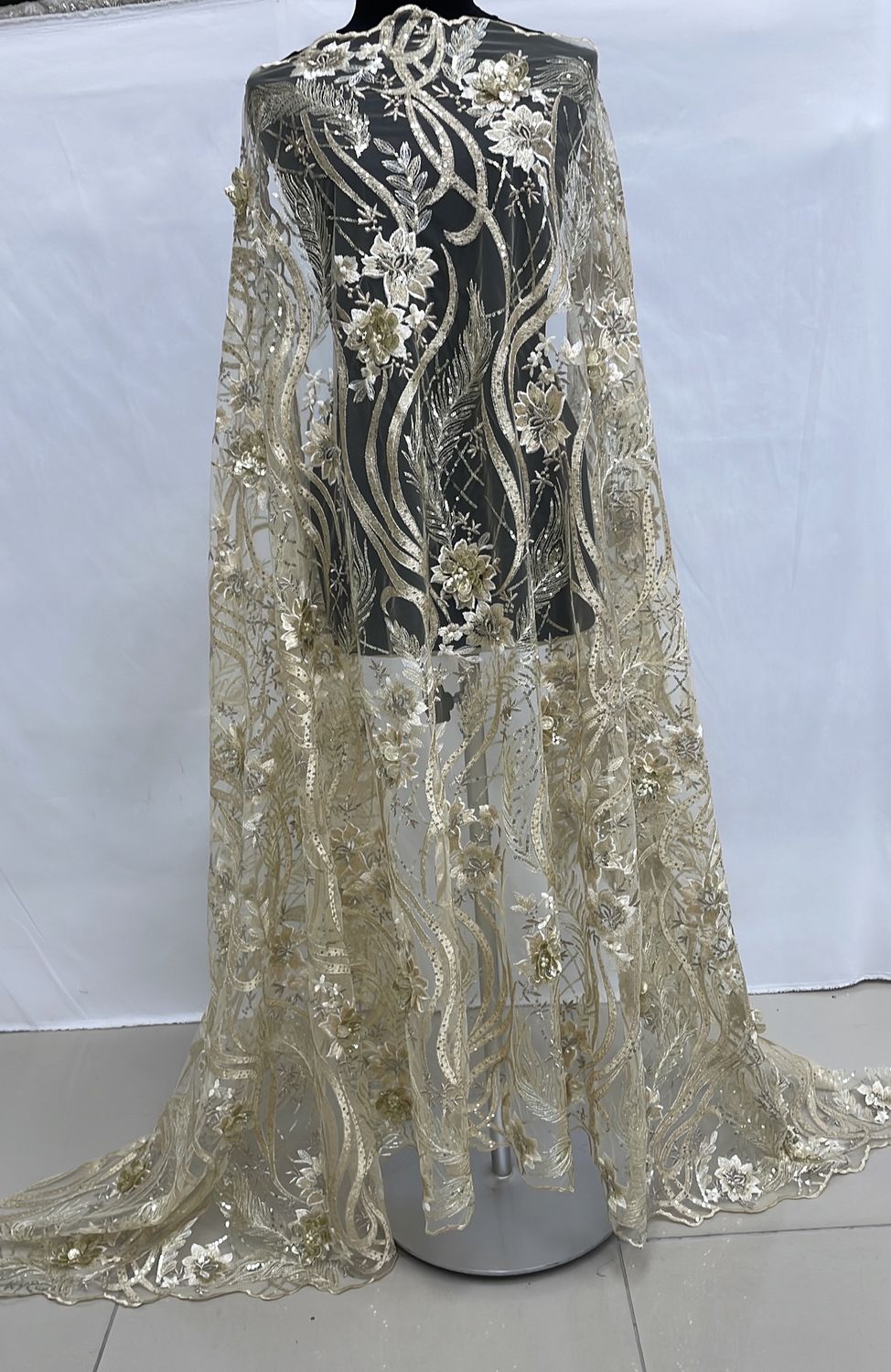 Dress Fabric [ 21104 ] Tulle Embroidered Applique Beaded/137/5g/Gold per Meter