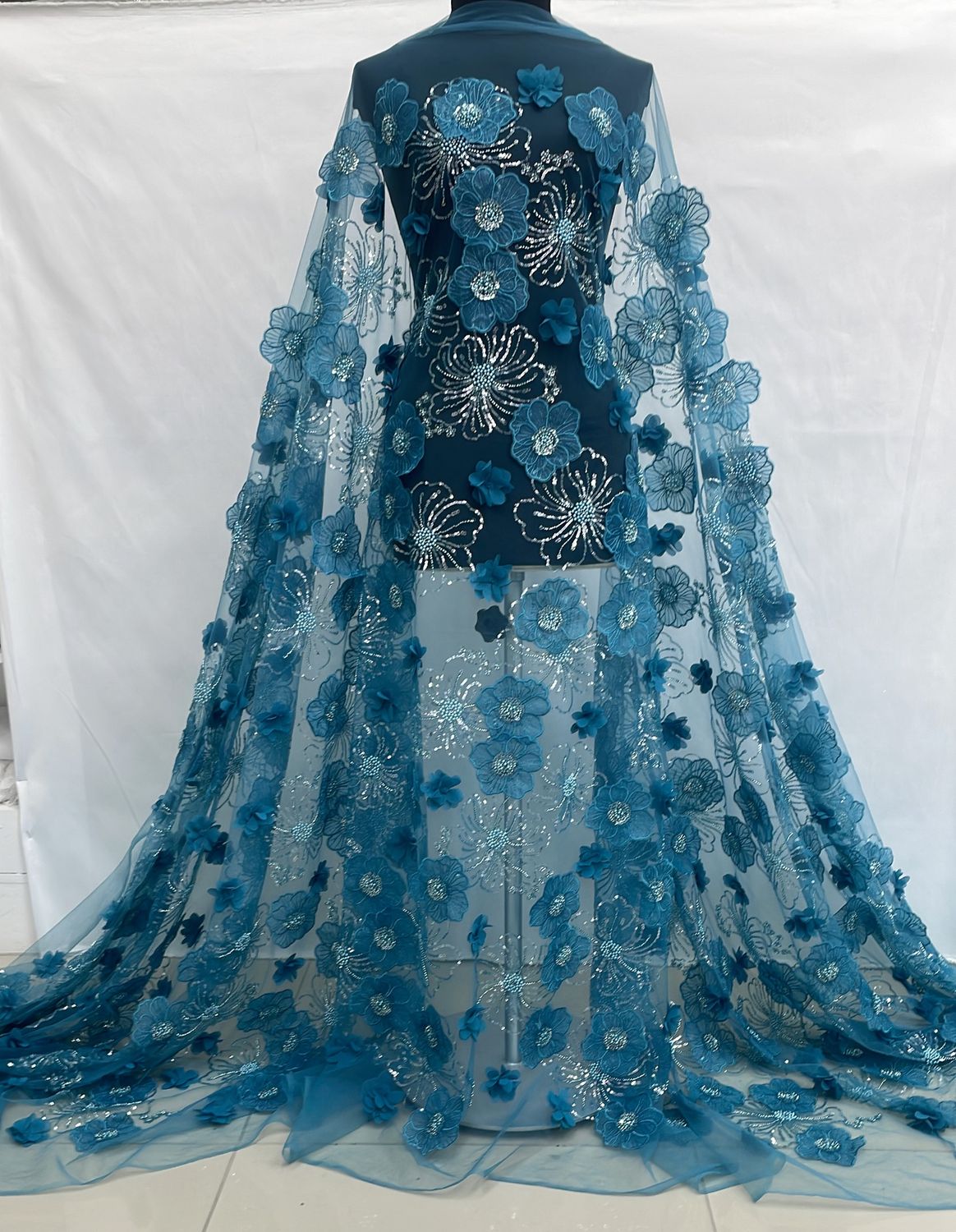 Dress Fabric [ 25037 ] Tulle Emb Beaded Applique-GZ-39605-137-Teal-01 per Meter