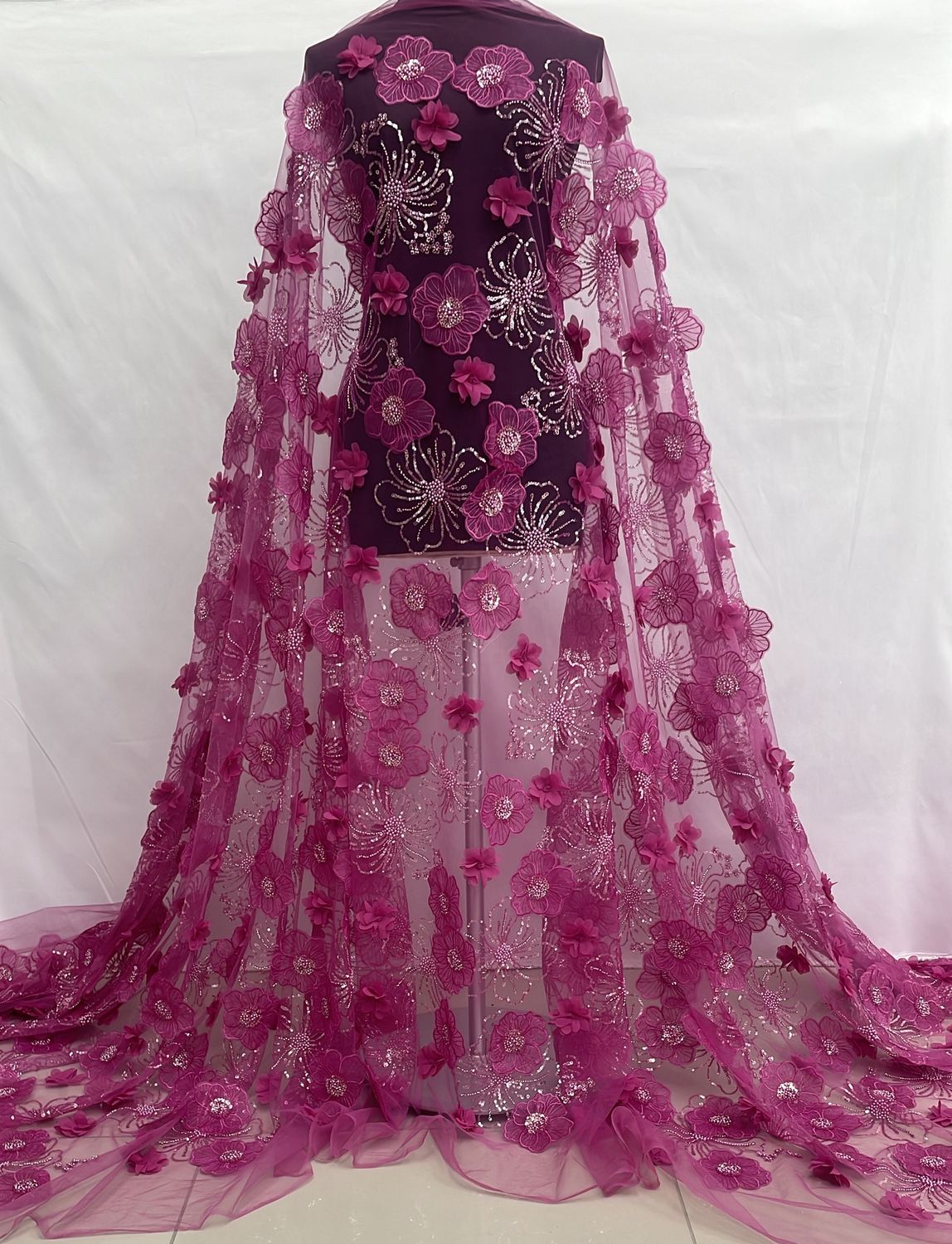 Dress Fabric [ 25038 ] Tulle Emb Beaded Applique-GZ-39605-137-Hot Pink-02 per Meter