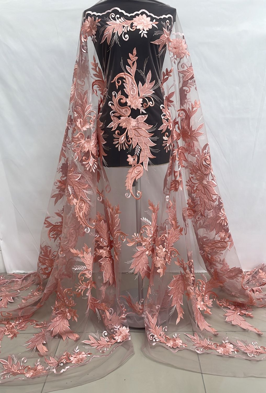 Dress Fabric [ 17527 ] Tulle Embroidered Lazer Cut/150cm/5g/pink per Meter