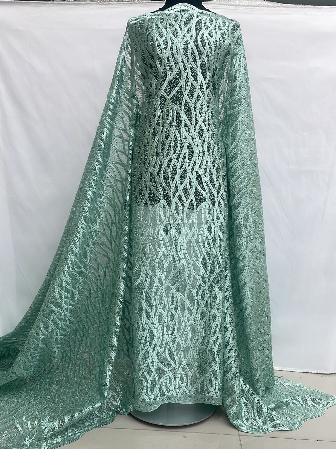 Dress Fabric [ 16634 ] Tulle Embroidered Stone/137cm/5g/Mint per Meter