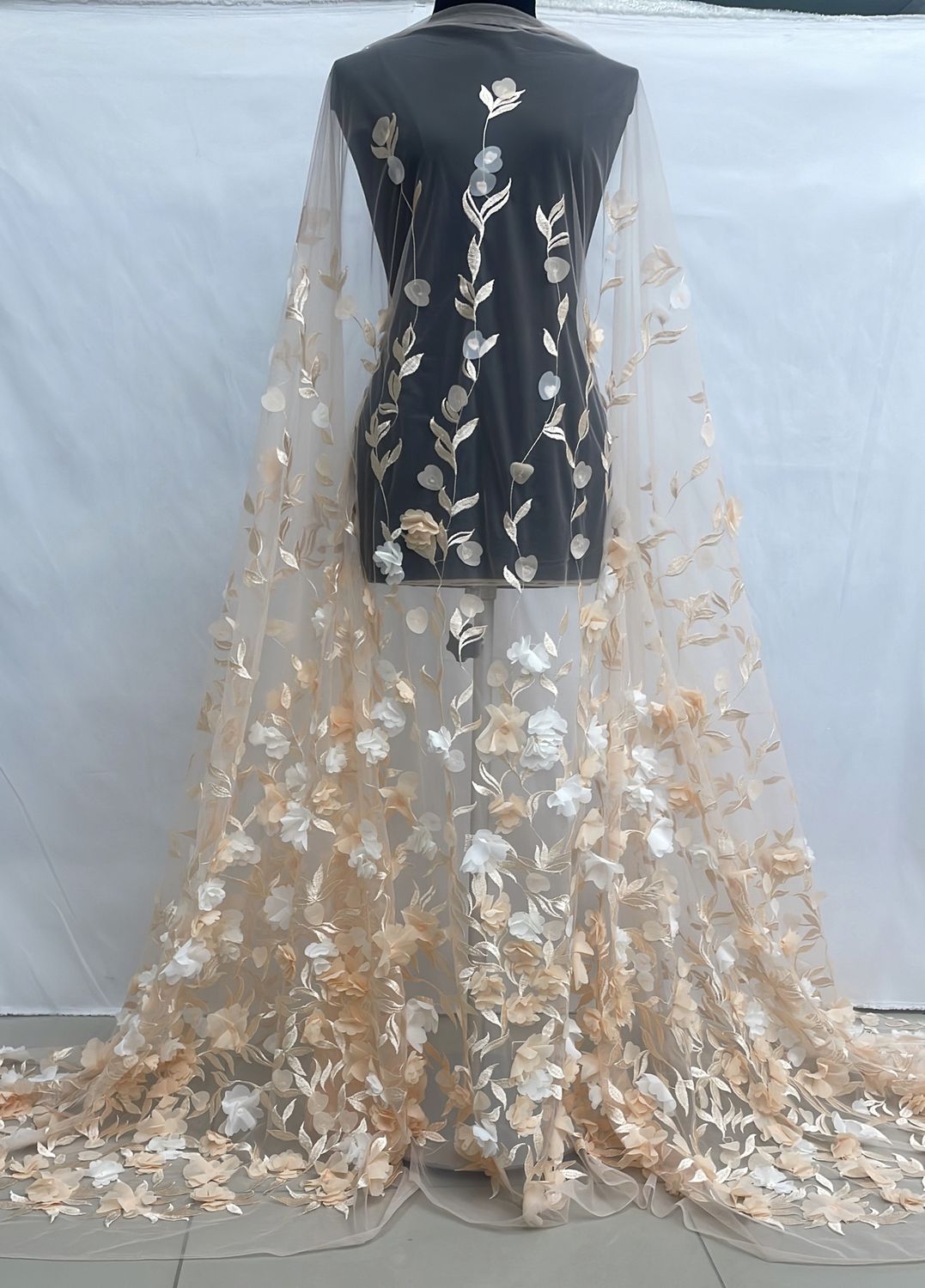 Dress Fabric [ 23346 ] Tulle Emb Applique-TUEA-137-PEACH WHITE-03 per Meter