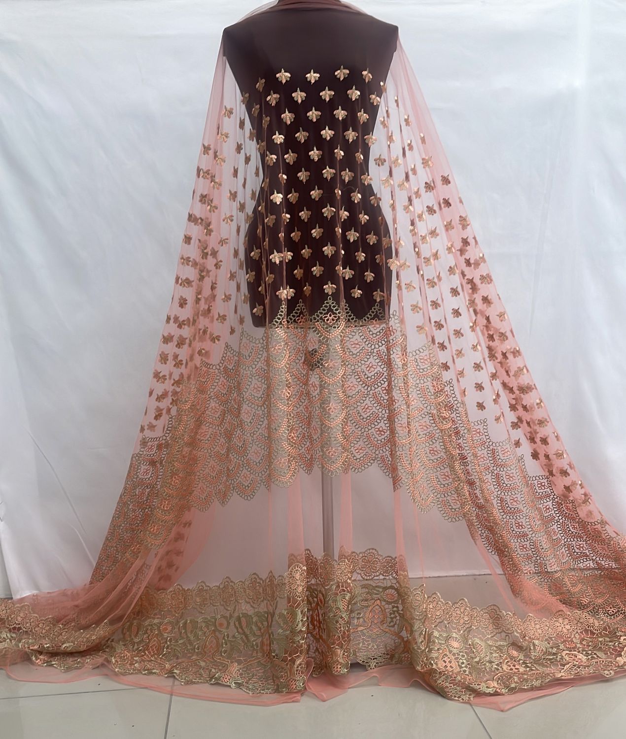 Dress Fabric [ 23401 ] Tulle Emb Chemical lace-TUECL-137-PEACH-03 per Meter