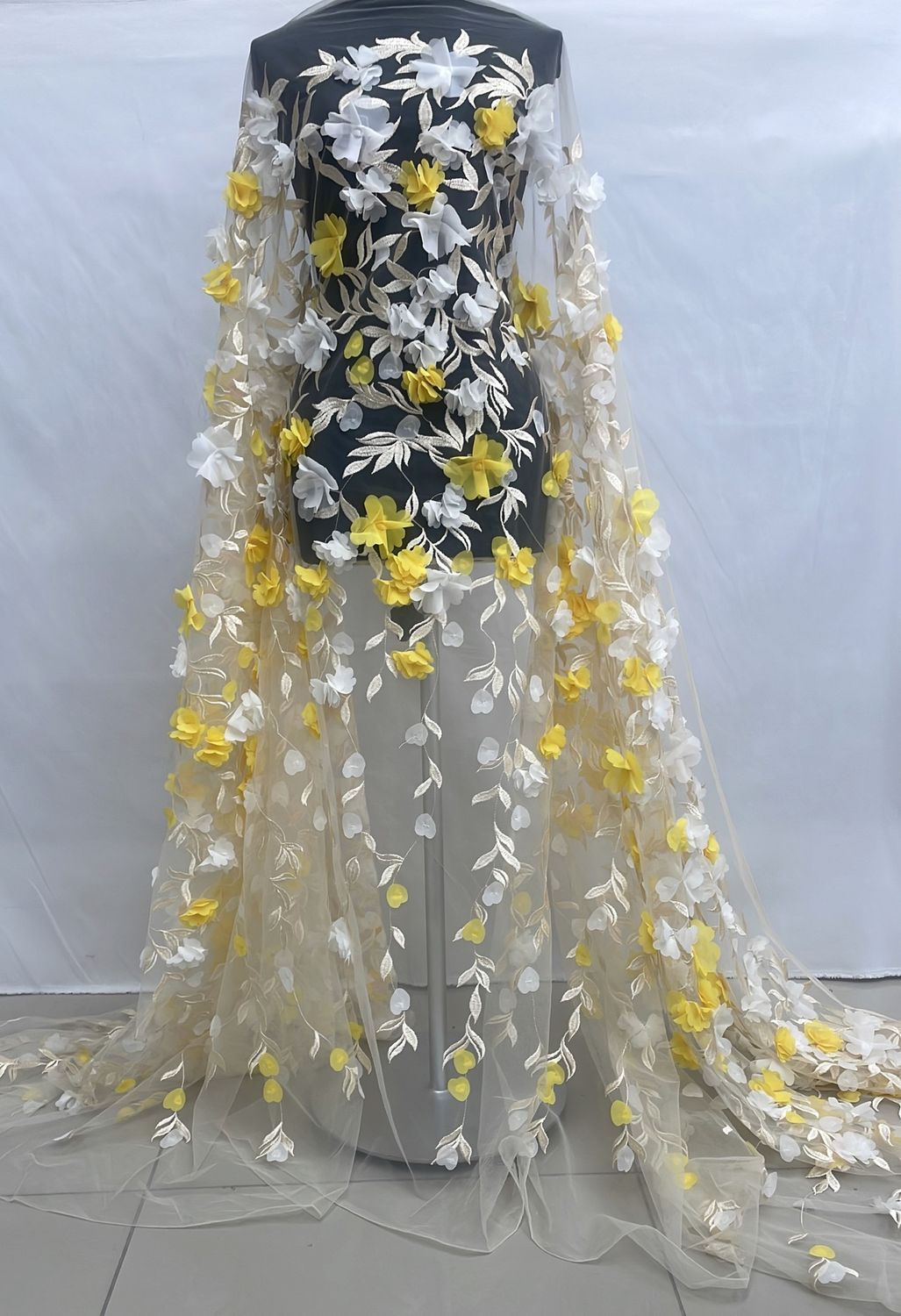 Dress Fabric [ 23349 ] Tulle Emb Applique-TUEA-137-WHITE YELLOW-06 per Meter