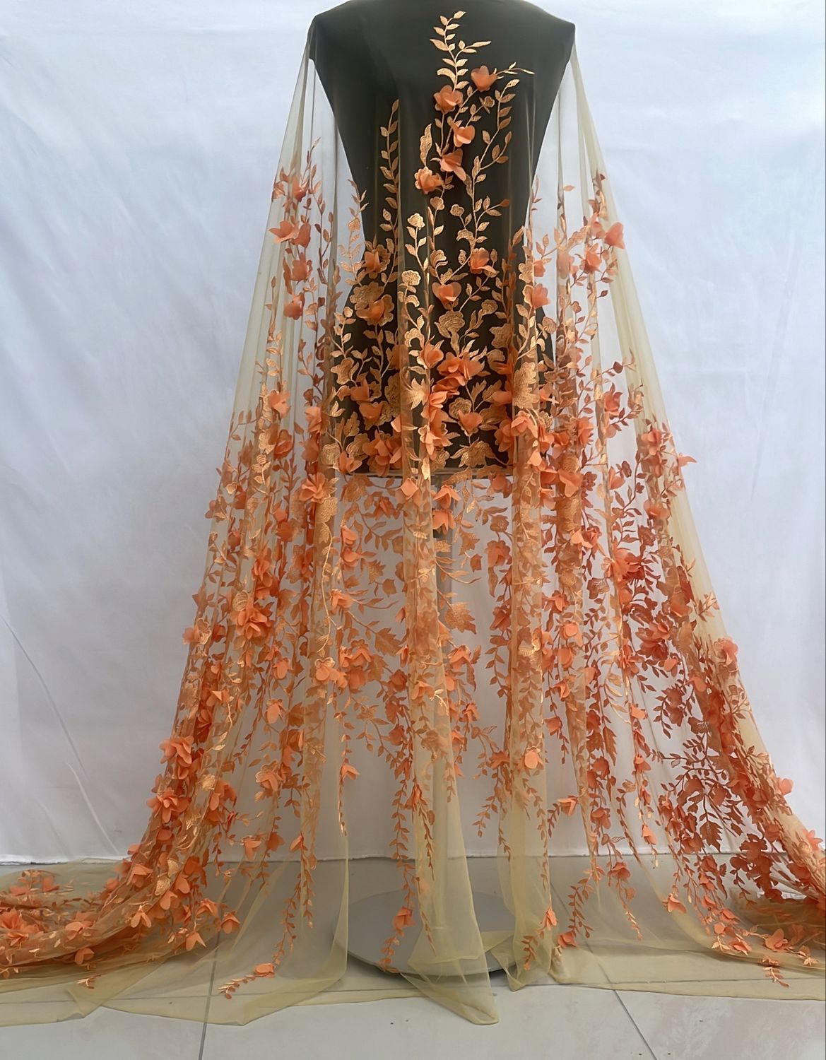 Dress Fabric [ 21065 ] Tulle Embroidered Tulle Appl Flower/145/5g/Orange per Meter
