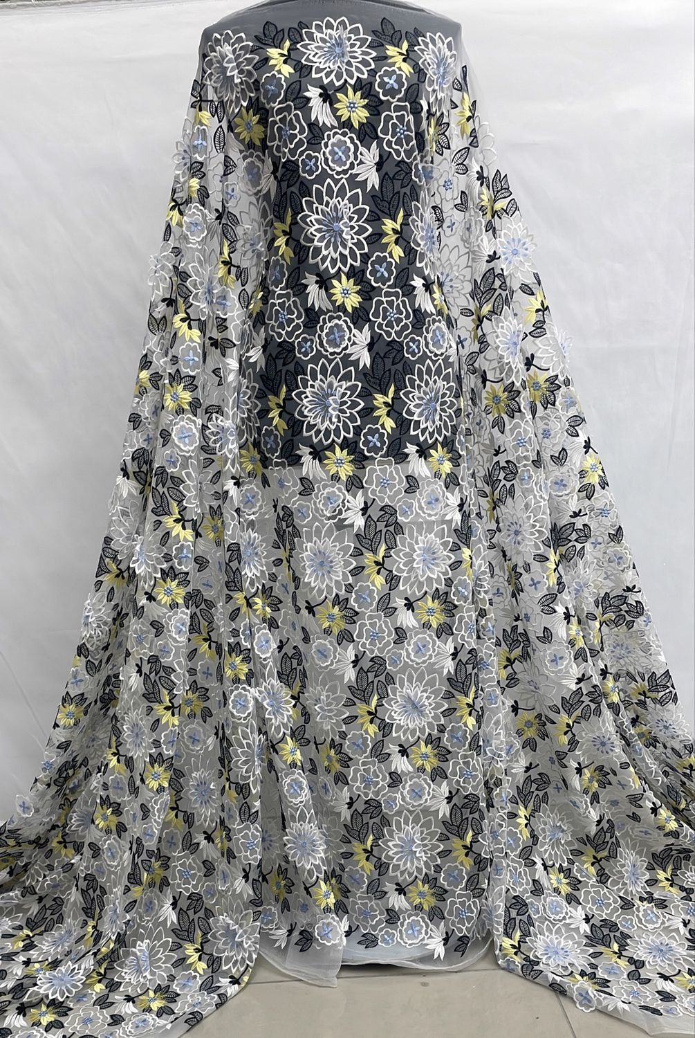 Dress Fabric [ OEA-BO-1675-1 ] OrganzaEmbApplique137cm-WHITEBLACKYELLOW per Meter