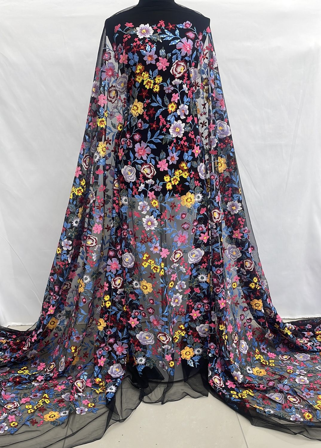 Dress Fabric [ 25010 ] Tulle Emb Beaded-GZ-39588-137-Black w/ Blue-01 per Meter