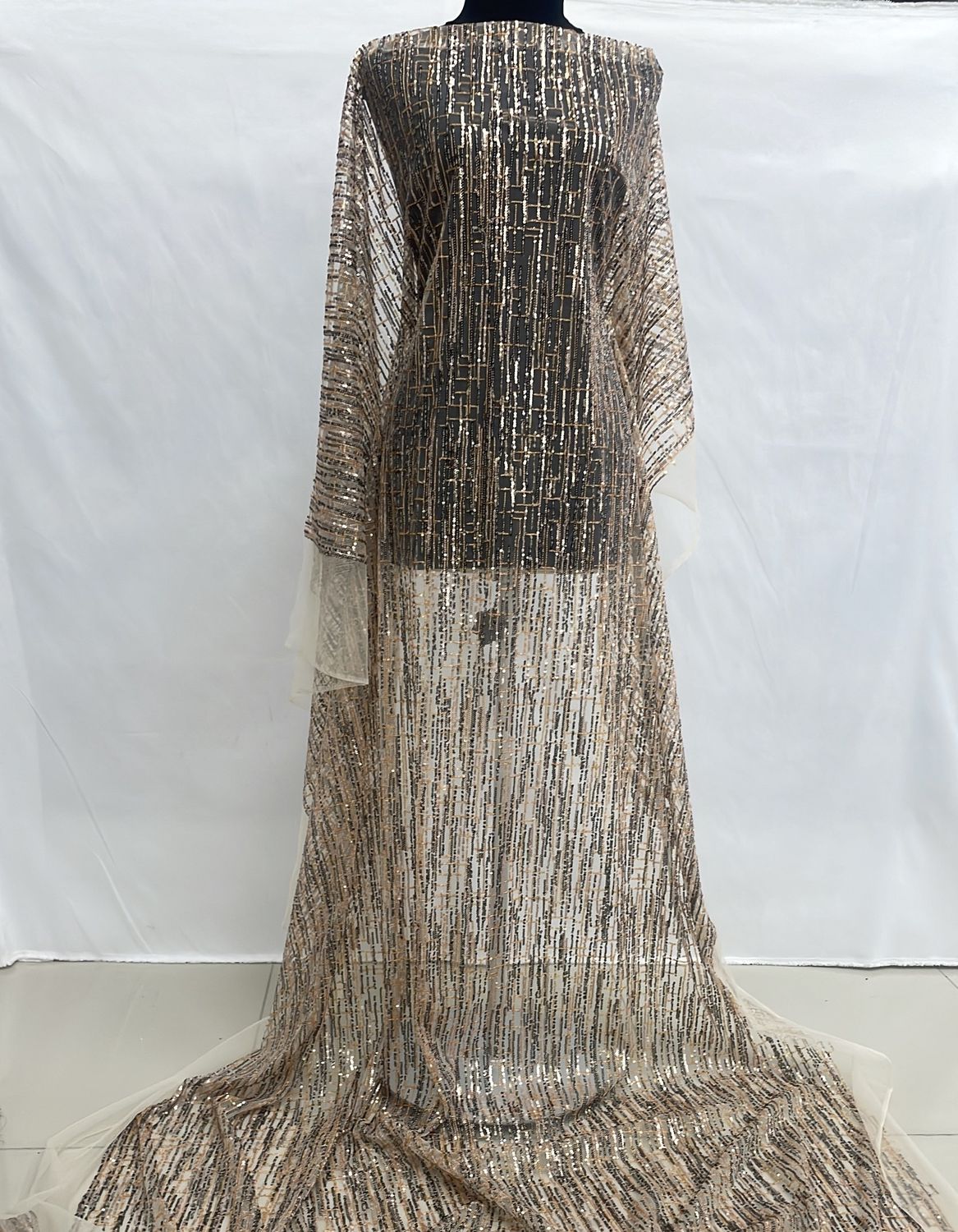 Sequins Dress Fabric [ 23936 ] Tulle Emb Sequence-#A87-135-01-Beige per Meter