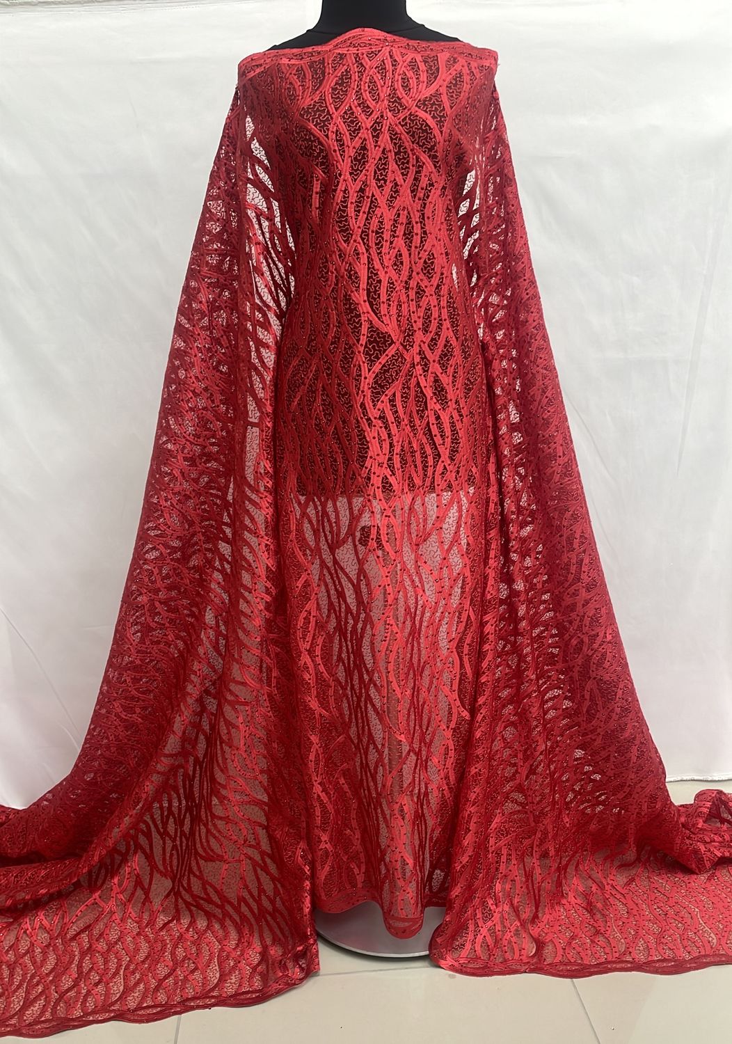 Dress Fabric [ 16637 ] Tulle Embroidered Stone/137cm/5g/Red per Meter