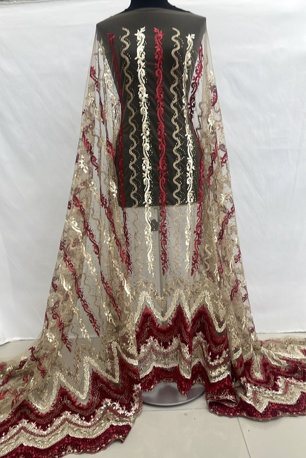 Dress Fabric [ 19733 ] Tulle Emb Stone Border/137cm/5g/RED per Meter