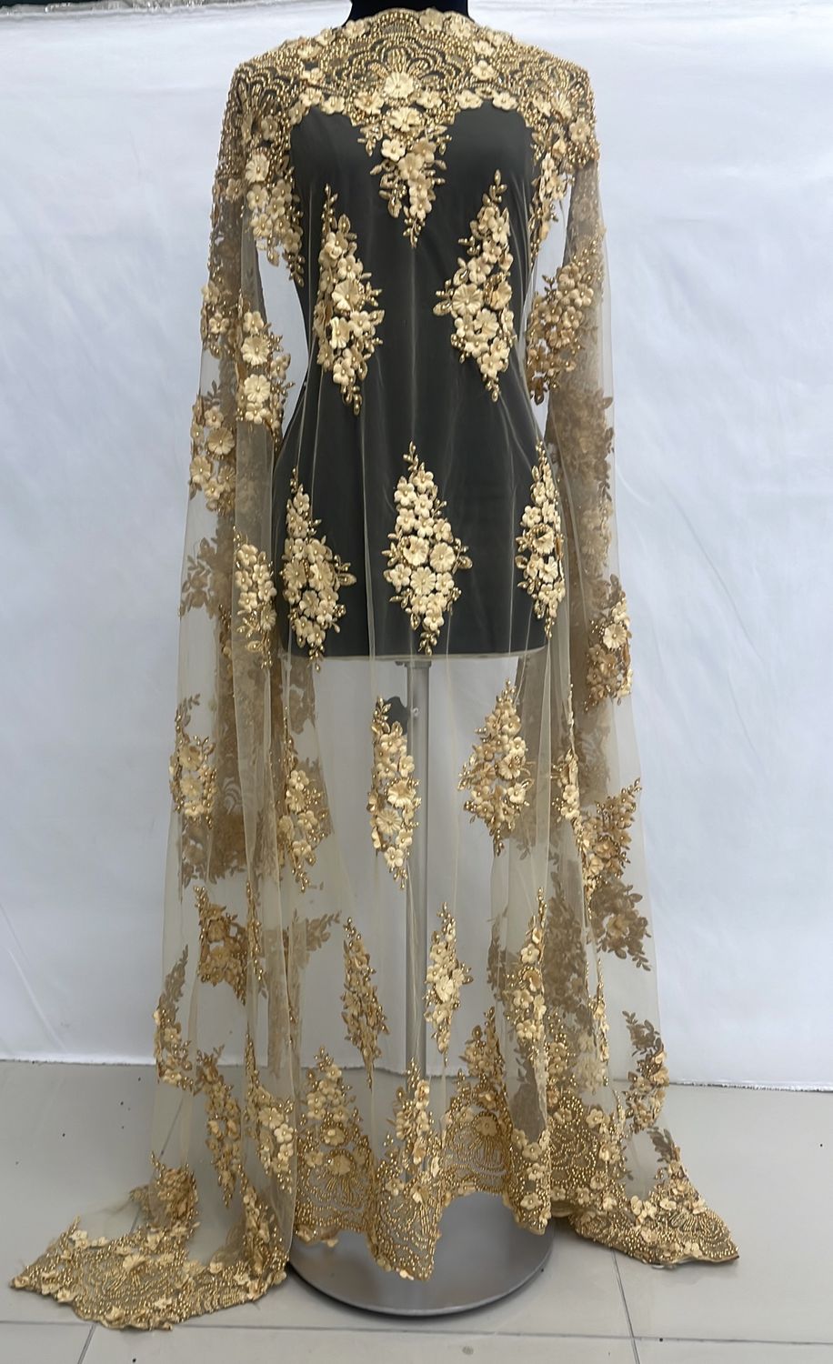 Dress Fabric [ 14159 ] Tulle Embroidered Applique Beaded/137cm/5g/Gold per Meter