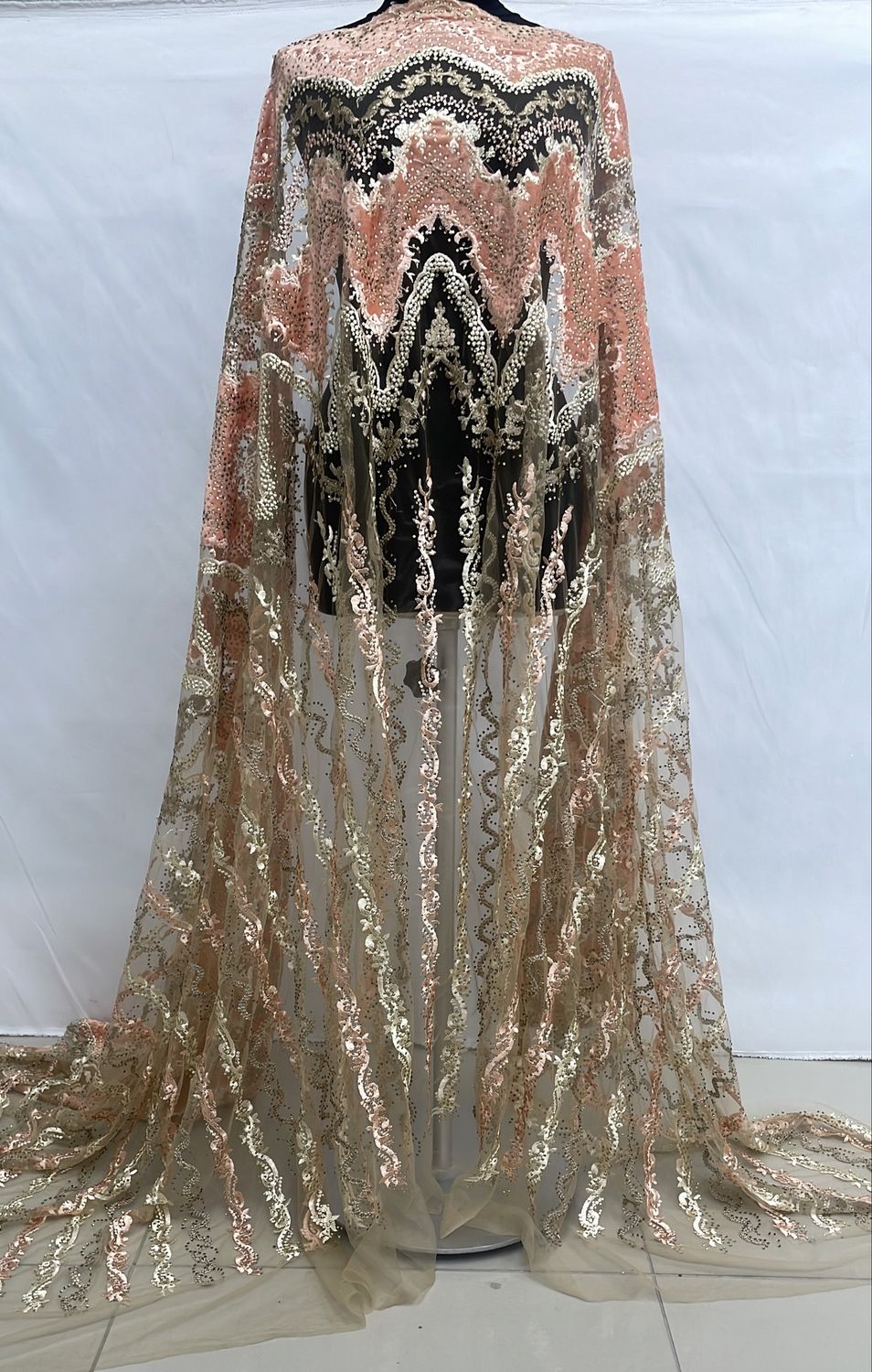 Dress Fabric [ 19735 ] Tulle Emb Stone Border/137cm/5g/SALMON per Meter