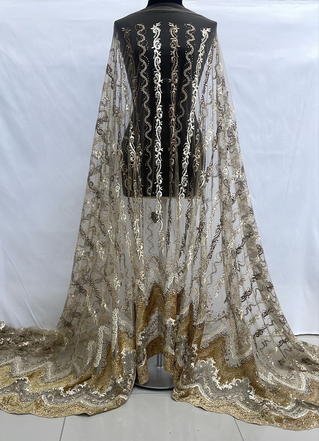 Dress Fabric [ 19738 ] Tulle Emb Stone Border/137cm/5g/GOLD per Meter