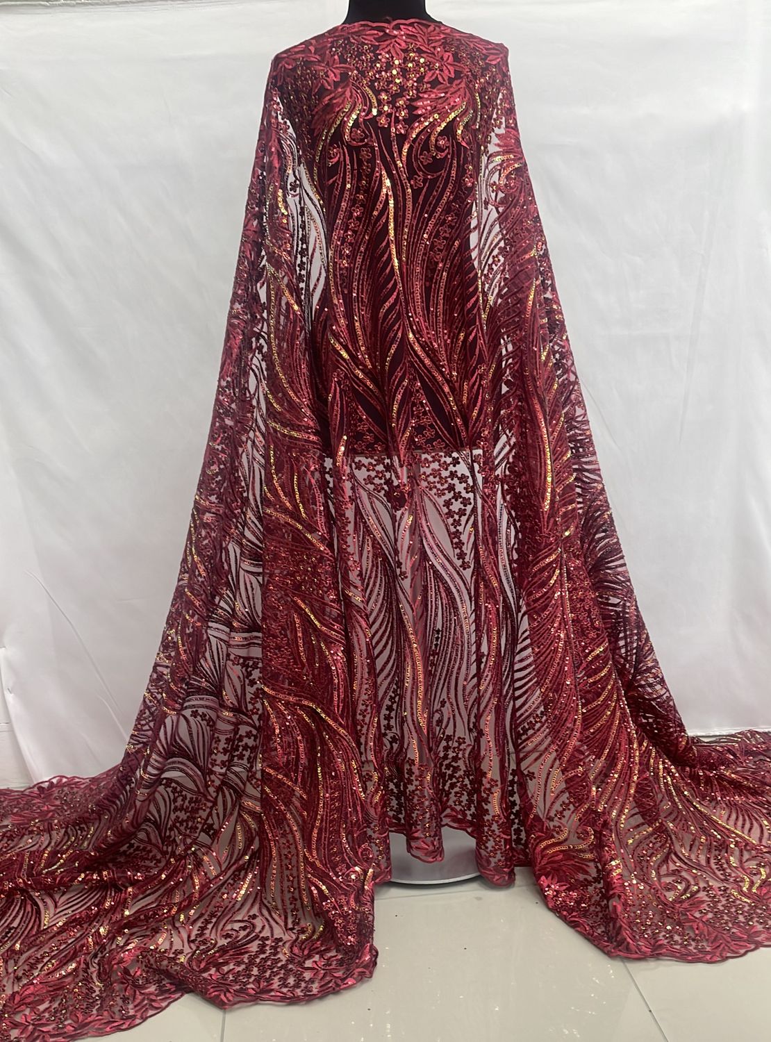 Sequins Dress Fabric [ 24409 ] TulleEmbSeq-36308-137-10-Wine per Meter