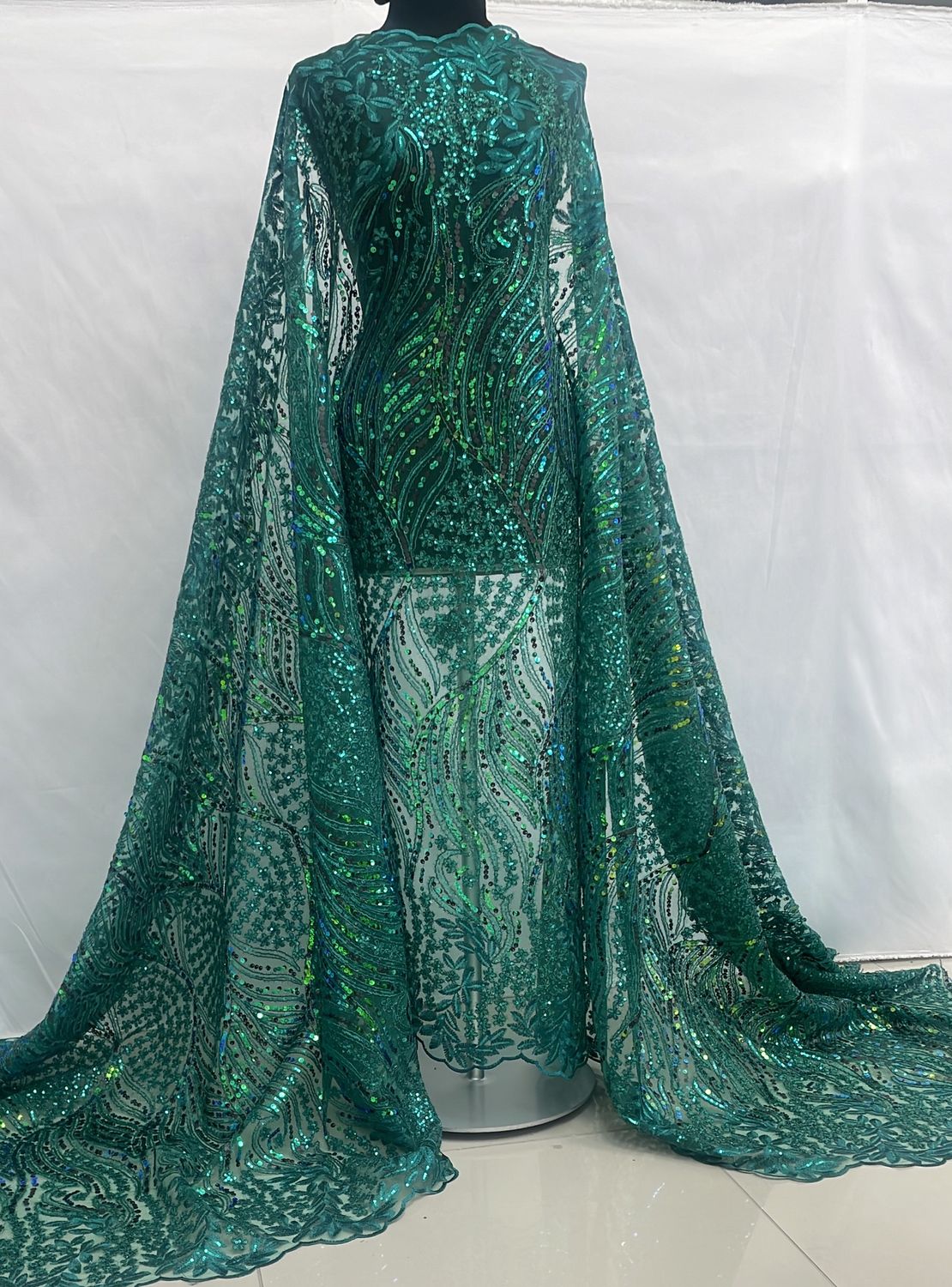 Sequins Dress Fabric [ 24386 ] TulleEmbSeqCord-36297 A-137-04-Green per Meter