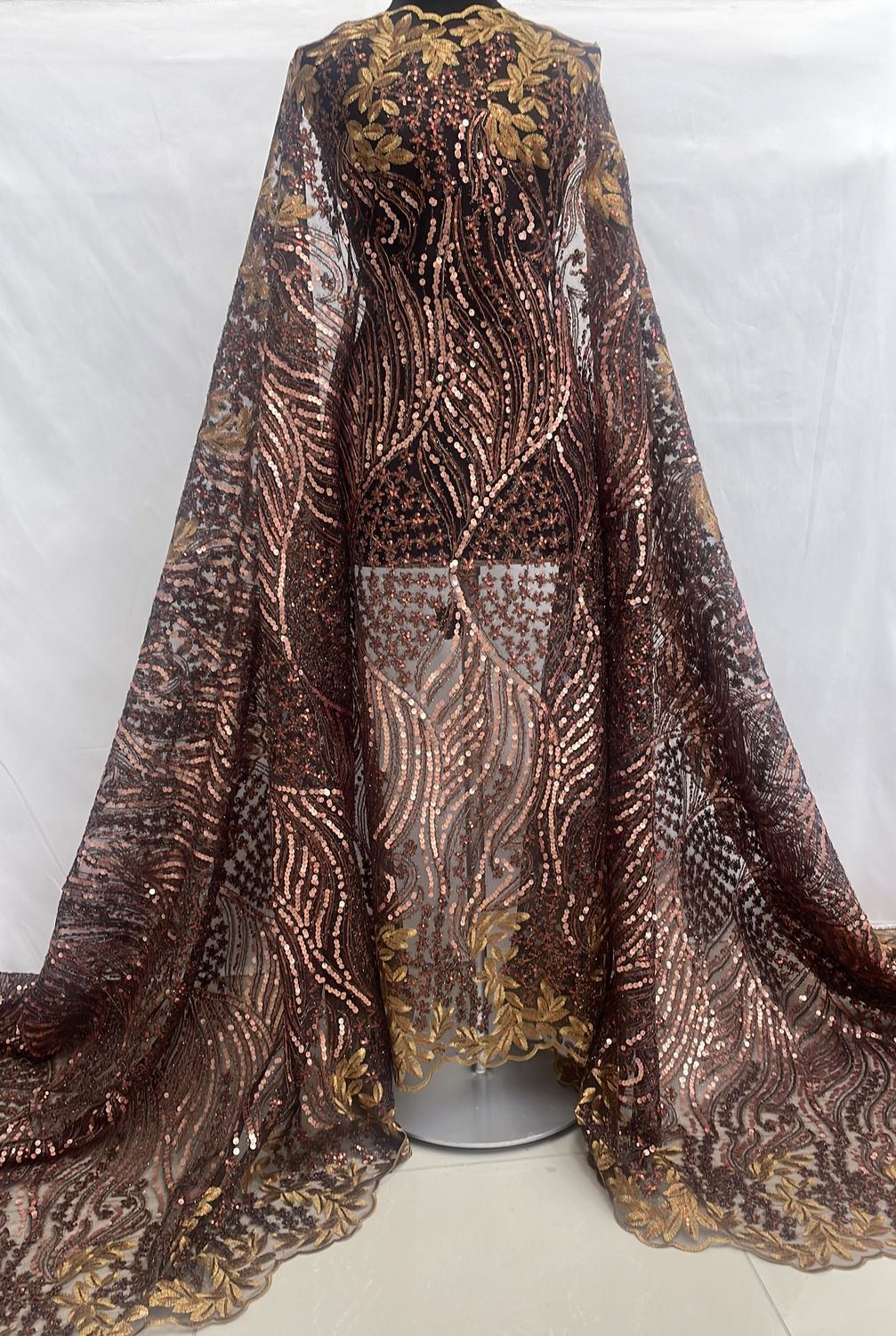 Sequins Dress Fabric [ 24390 ] TulleEmbSeqCord-36297 A-137-08-Copper per Meter