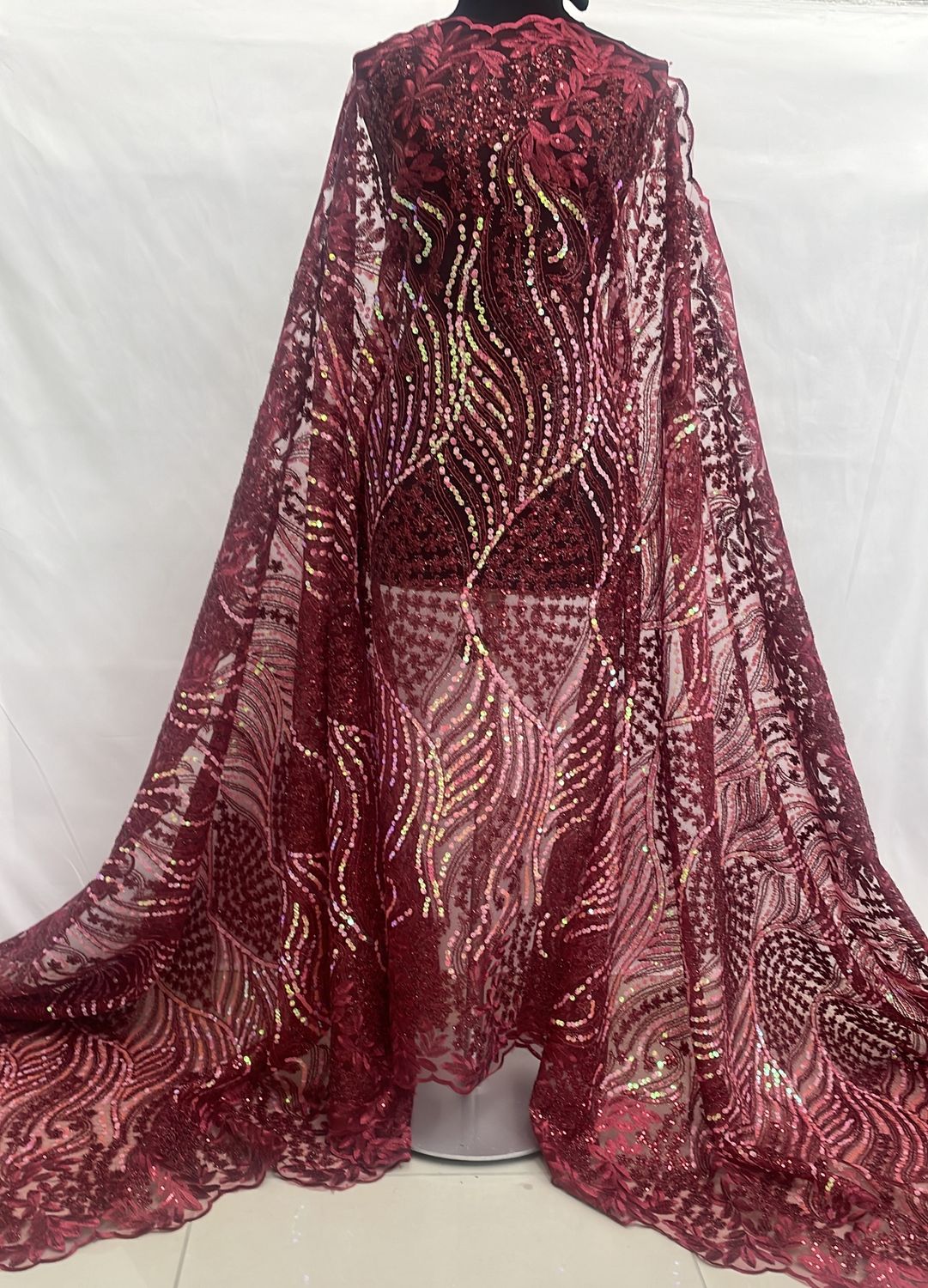 Sequins Dress Fabric [ 24389 ] TulleEmbSeqCord-36297 A-137-07-Maroon per Meter