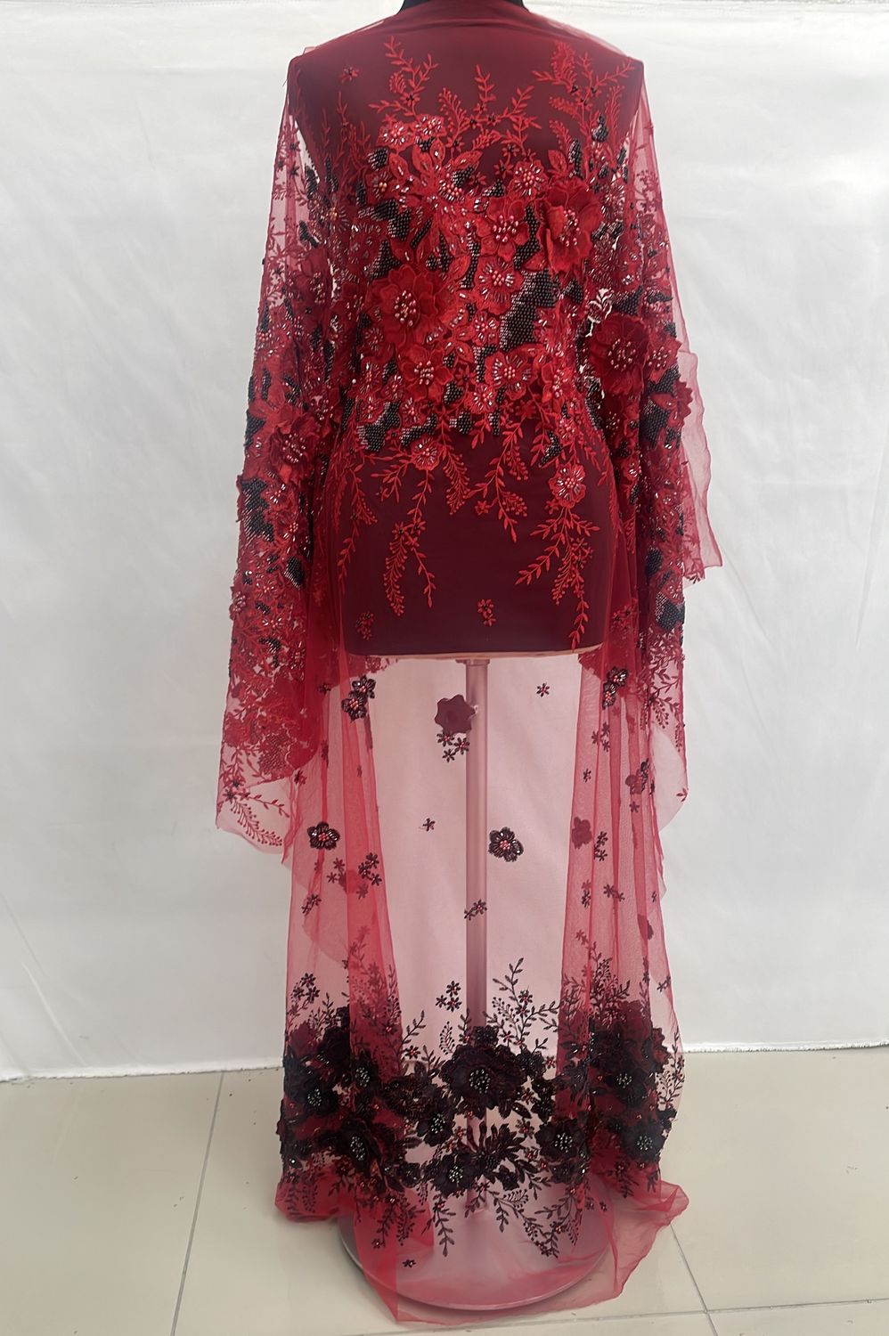 30CM PIECE LAST PIECE ON THE ROLL Dress Fabric [ 21468 ] Tulle Embroidered Applique Beaded/137/5g/RED per PIECE,  MARKED DOWN, LAST PIECE ON THE ROLL (PIECE PRICE, NOT PER M)