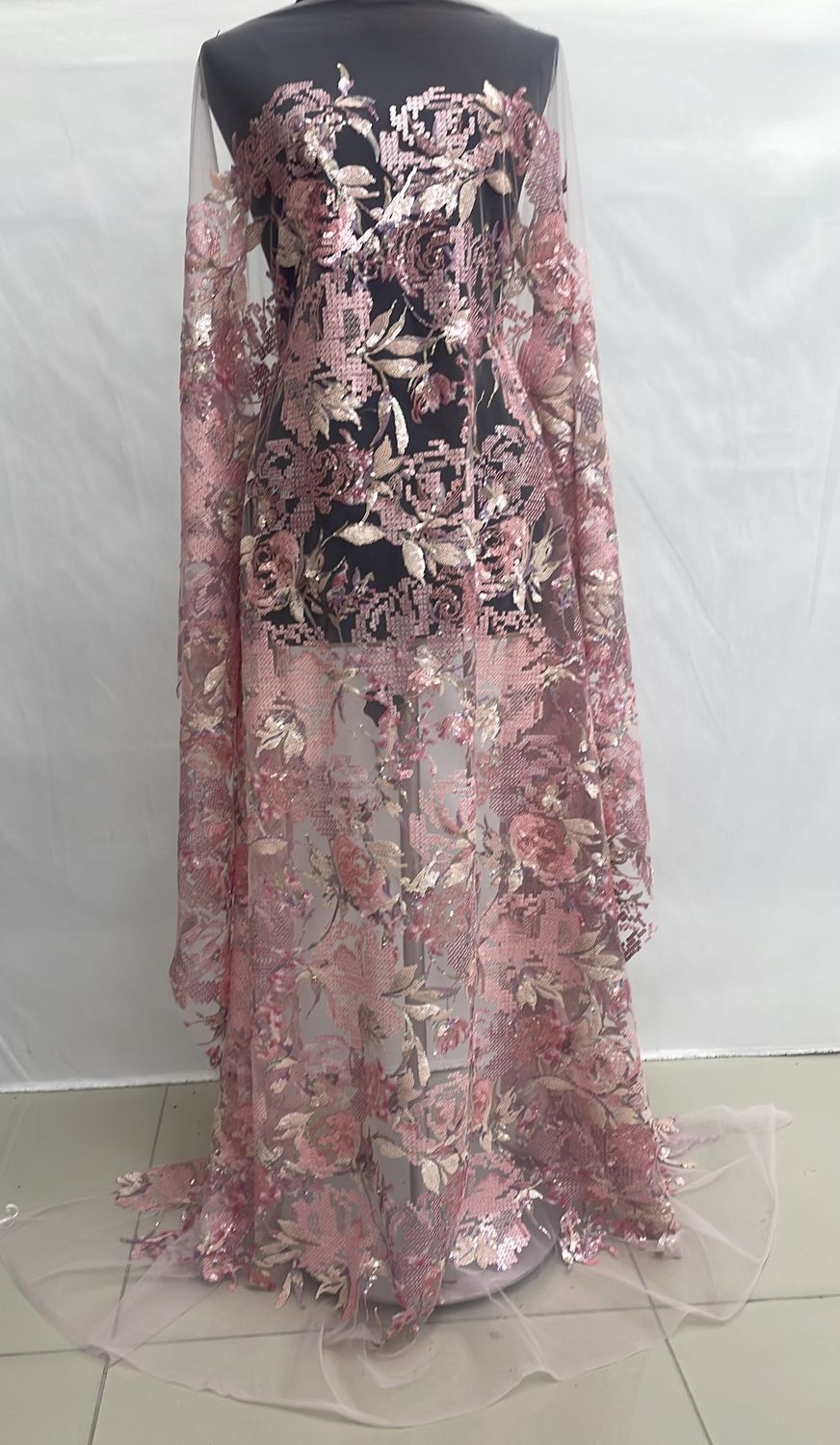 Sequins Dress Fabric [ 24459 ] TulleEmbSeq-36258-137-02-Pink per Meter