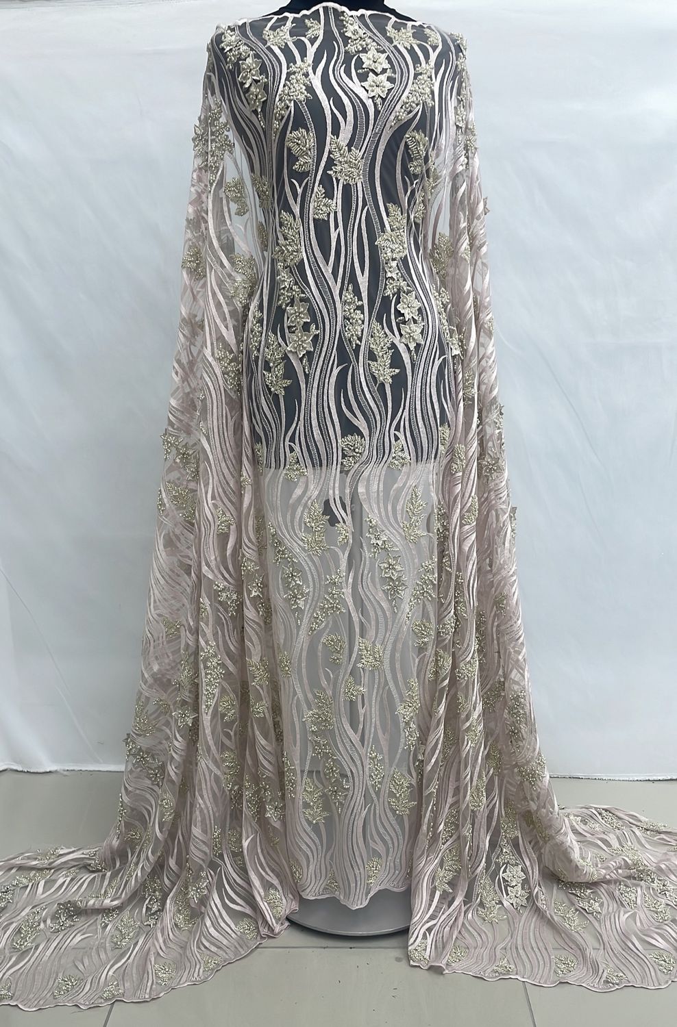 Dress Fabric [ 14135 ] Tulle Embroidered Applique Beaded/137cm/5g/Soft Pi per Meter