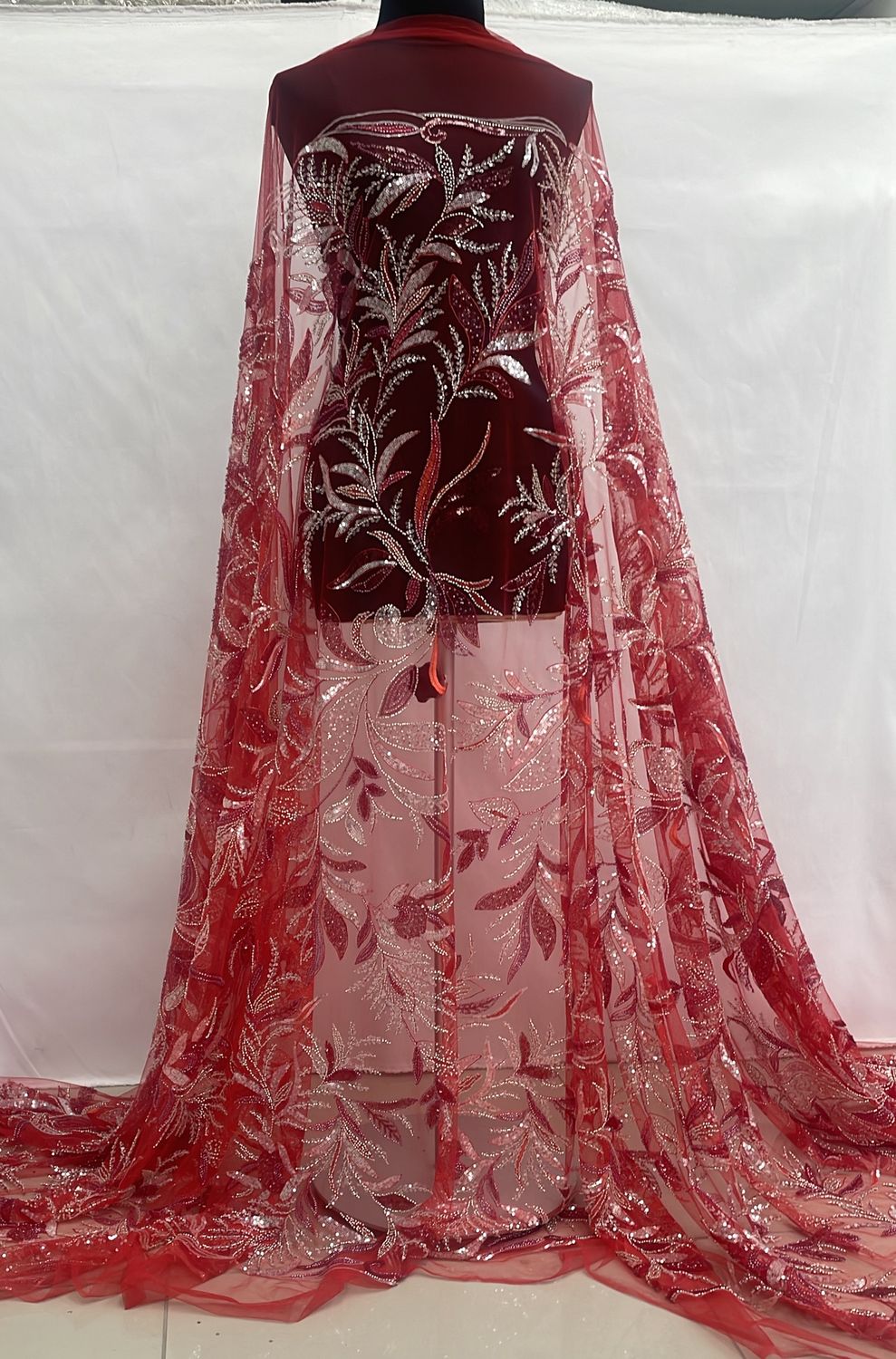 Dress Fabric [ 24807 ] Tulle Emb Bead-37819-137-RedSilver-1 per Meter