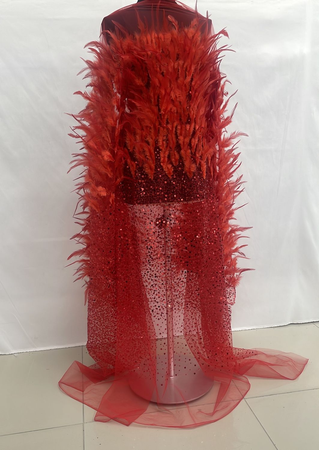 Dress Fabric [ 23412 ] Tulle Emb Beaded Feather-TUEBF-137-RED-07 per Meter
