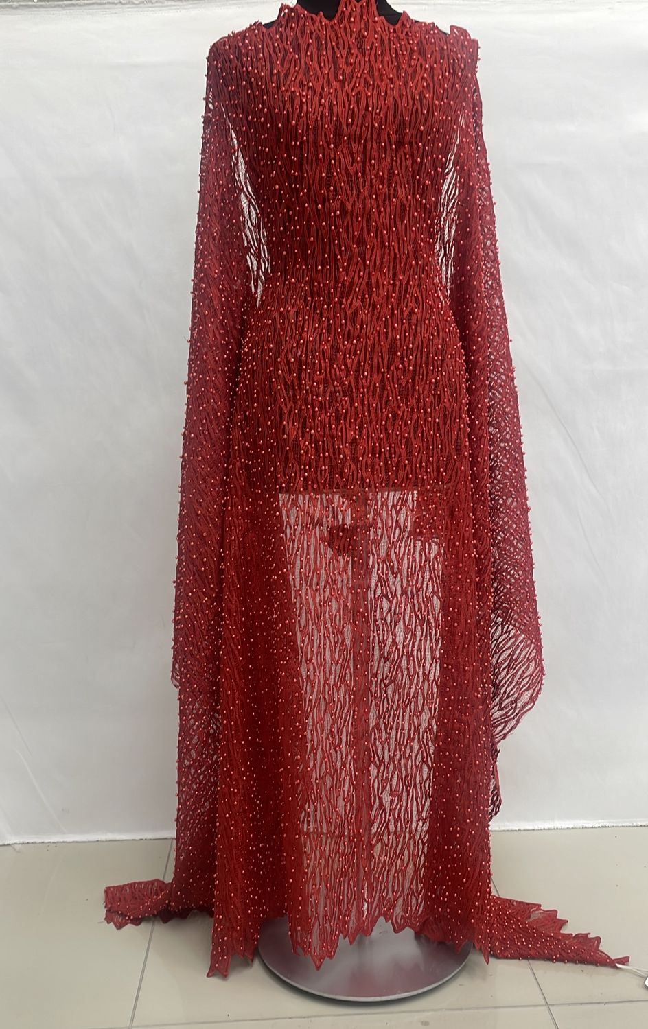 Dress Fabric [ 15887 ] Tulle Embroidered Beaded/137cm/5g/RED METALIC per Meter