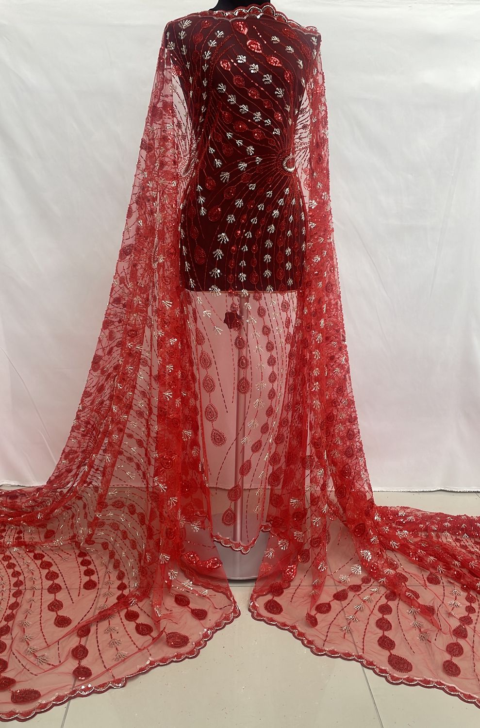 Dress Fabric [ 25074 ] Tulle Emb Beaded-GZ-WSR-2234-137-Red-02 per Meter