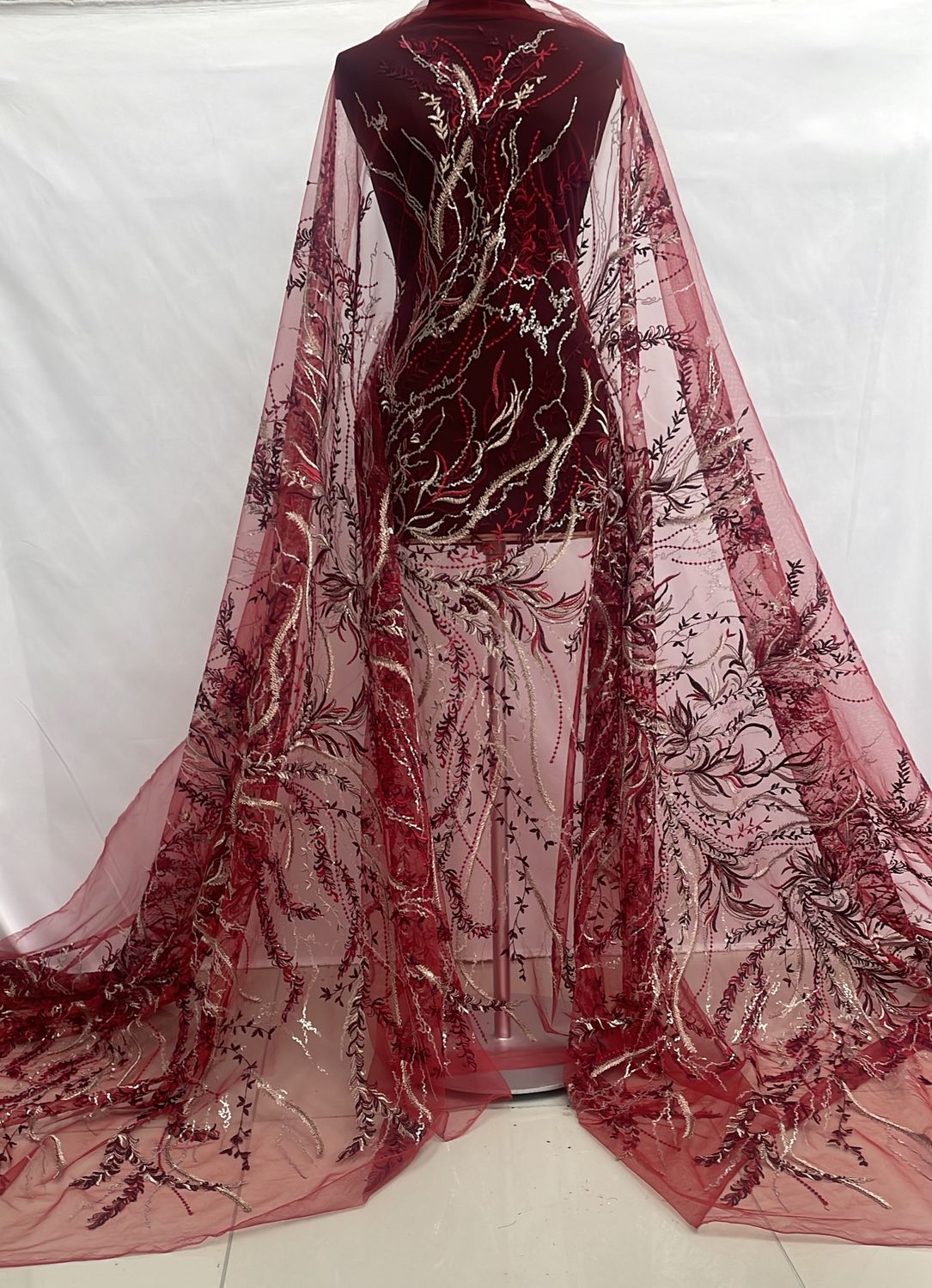 Dress Fabric [ 23045 ] Tulle Emb Met Secq-137-Red-001 per Meter