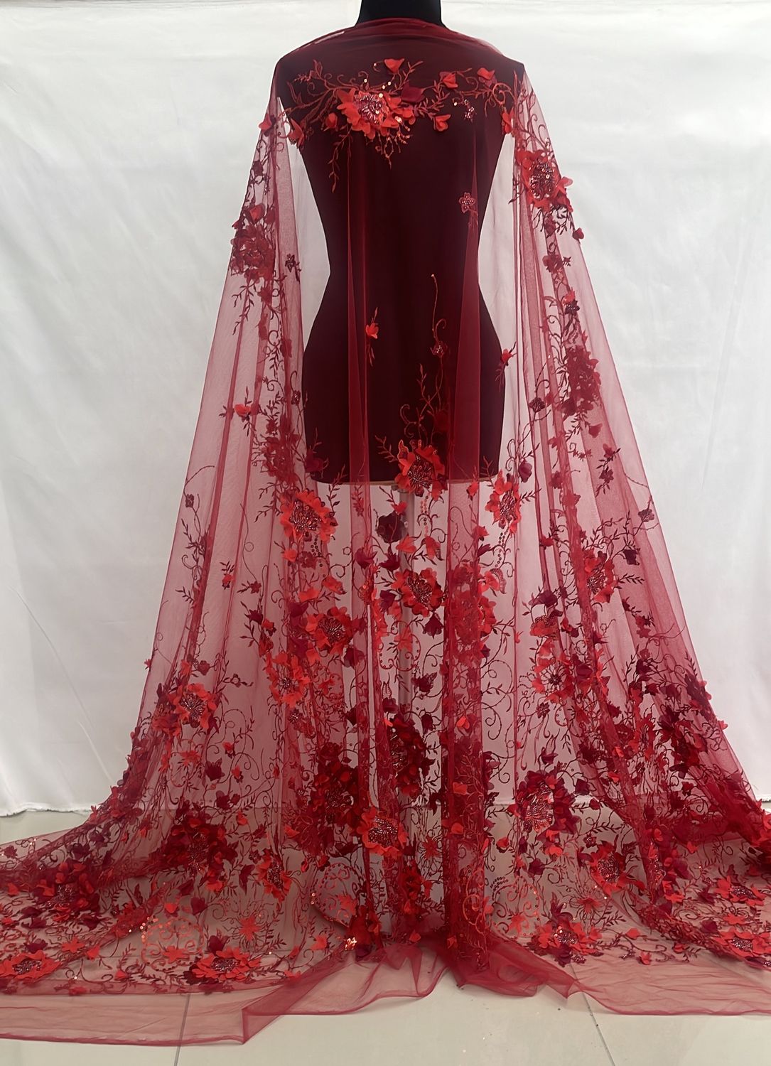 Dress Fabric [ 24336 ] TulleEmbBead-36274-137-03-Red per Meter