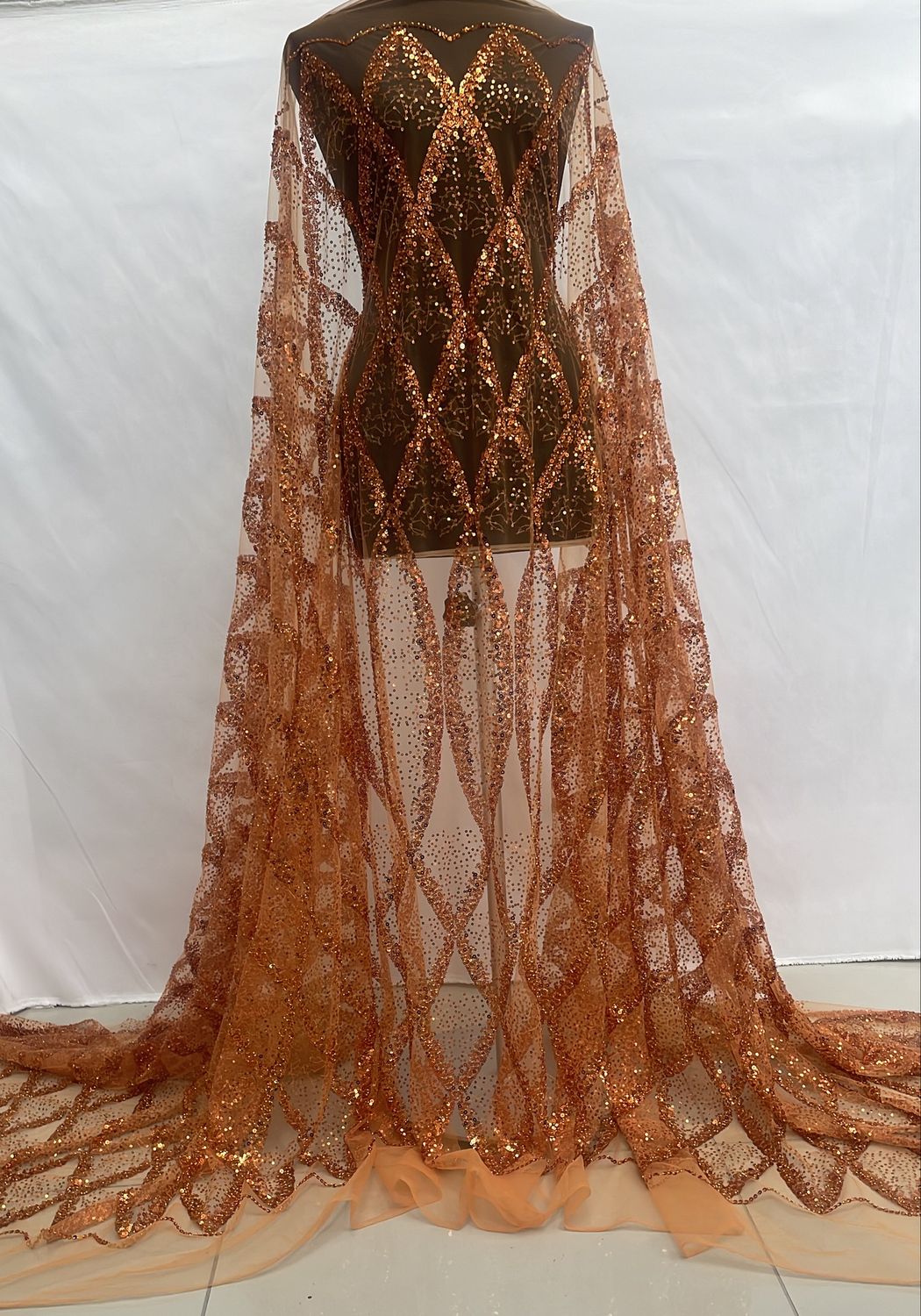 Dress Fabric [ 24046 ] Tulle Emb Beaded-226X-135-11-Orange per Meter