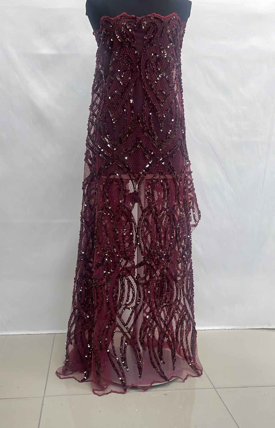 Sequins Dress Fabric [ 21091 ] Tulle Embroidered Sequin/130/5g/Maroon per Meter