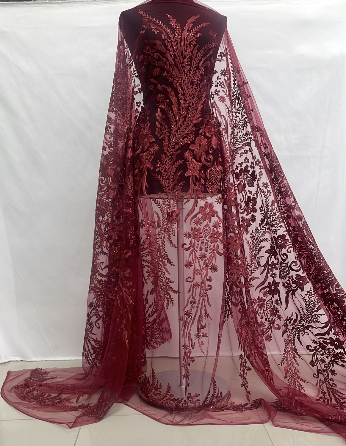 Dress Fabric [ 23912 ] Tulle Embroidered-#A53-135-01-Maroon per Meter