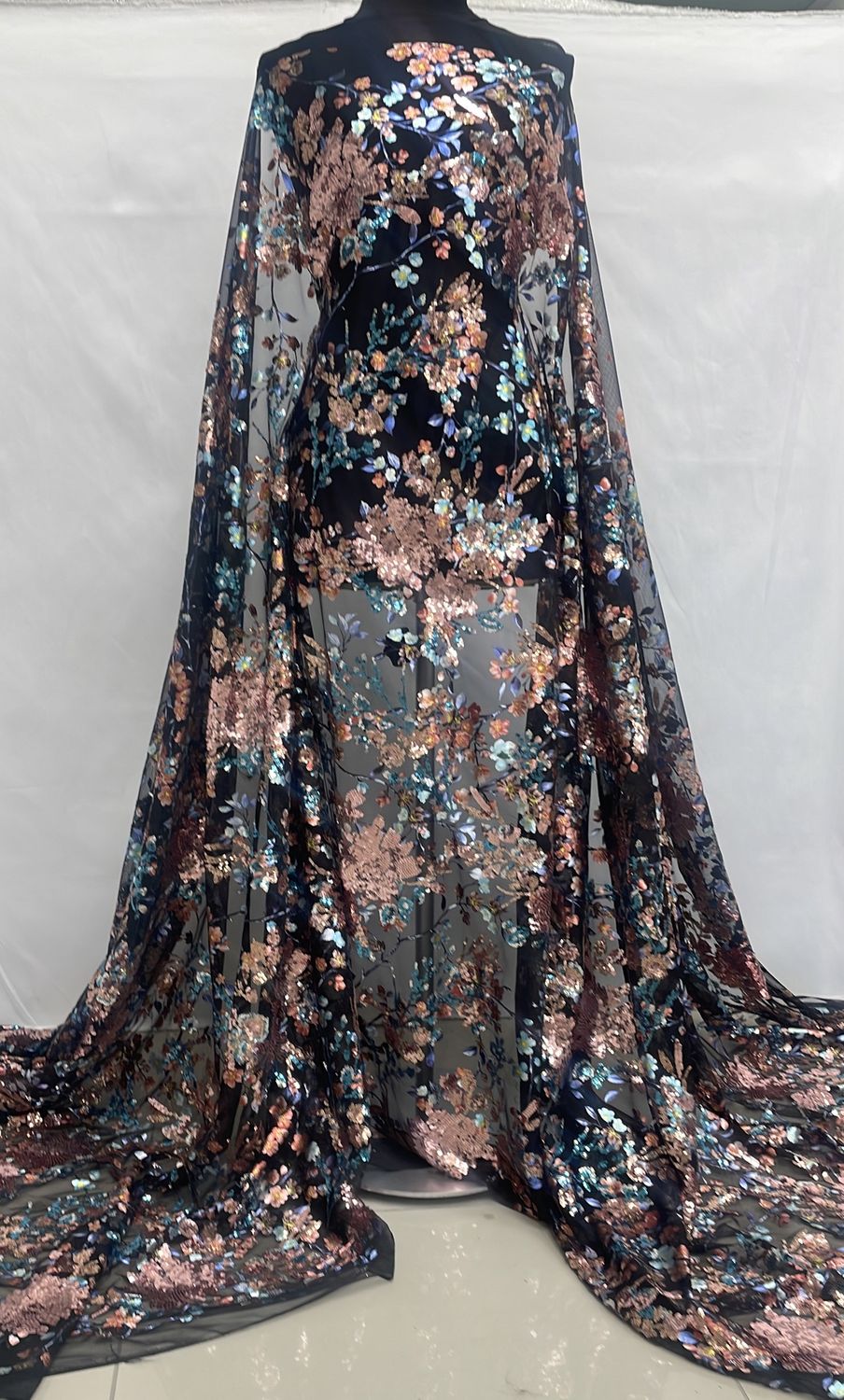 Sequins Dress Fabric [ 24863 ] Tulle Emb Floral Seq-137-01-Black Multy per Meter