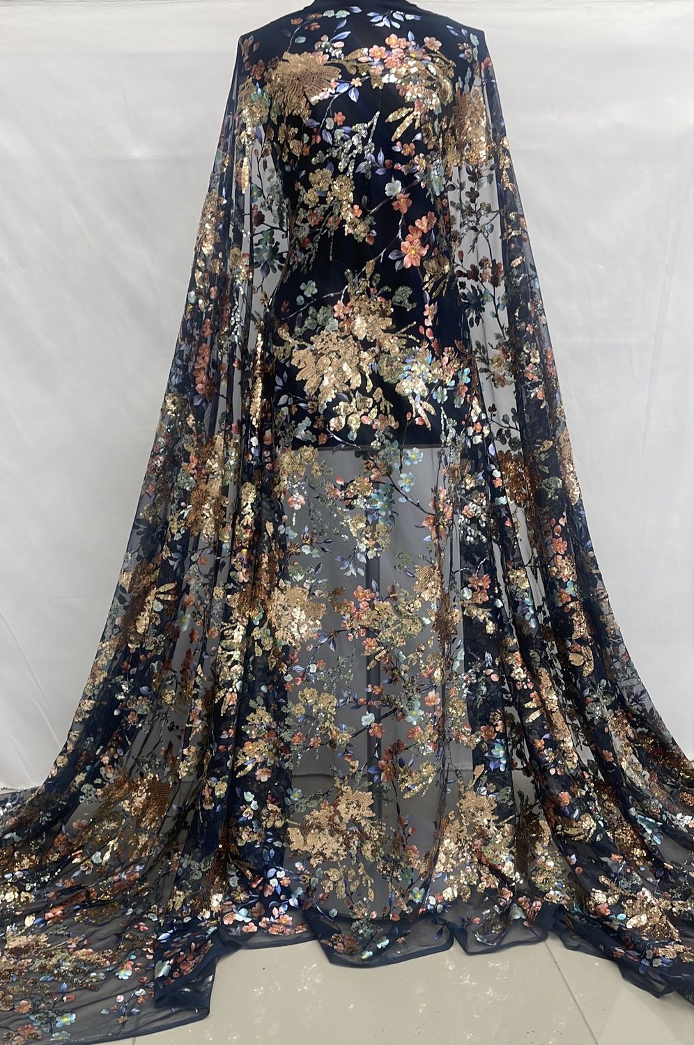 Sequins Dress Fabric [ 24862 ] Tulle Emb Floral Seq-137-01-Navy Multy per Meter