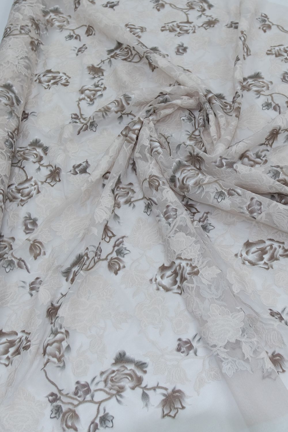 Tulle [ 21118 ] Tulle Embroidered/145/5g/IvoryBrown per Meter