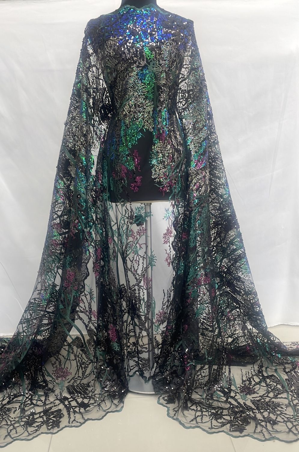 Sequins Dress Fabric [ 24988 ] Tulle Emb Sequence-GZ-39581-137-Green / Rust-03 per Meter