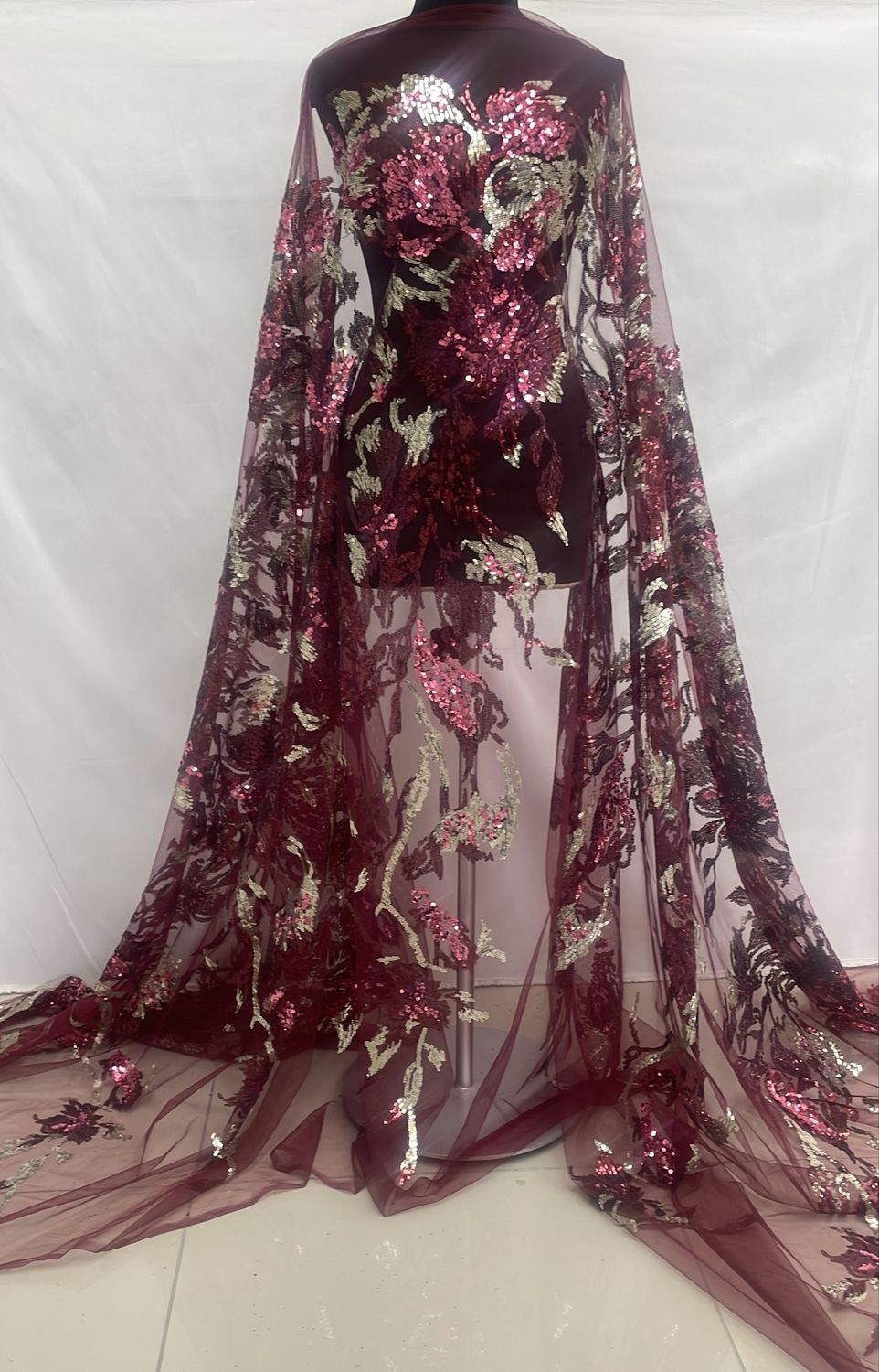 Dress Fabric [ 21929 ] Tulle Emb Secq-137-Wine-005 per Meter