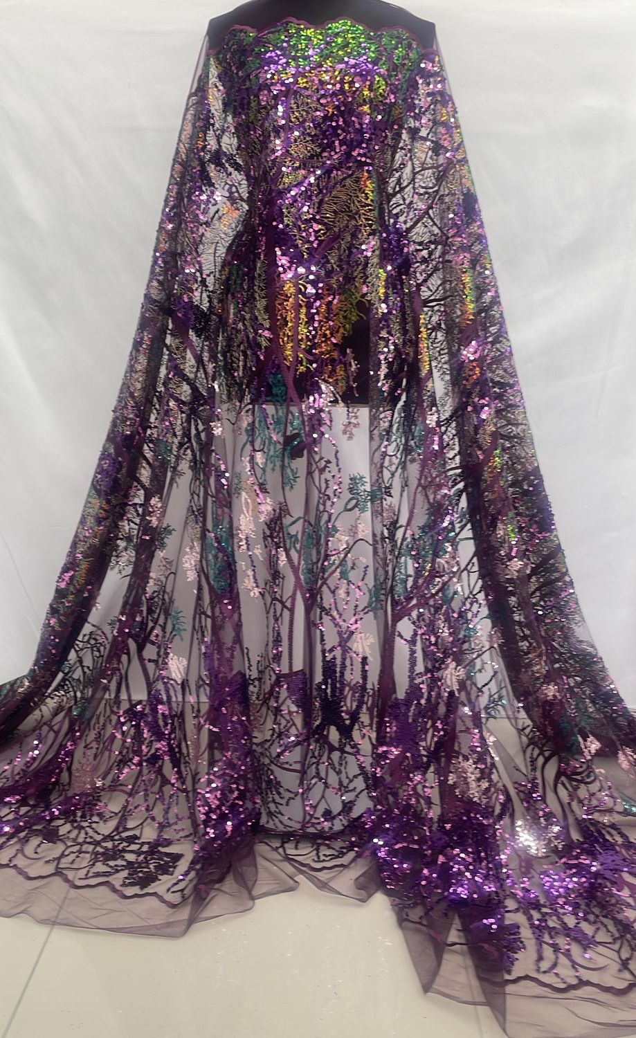 Sequins Dress Fabric [ 24987 ] Tulle Emb Sequence-GZ-39581-137-Grape-02 per Meter
