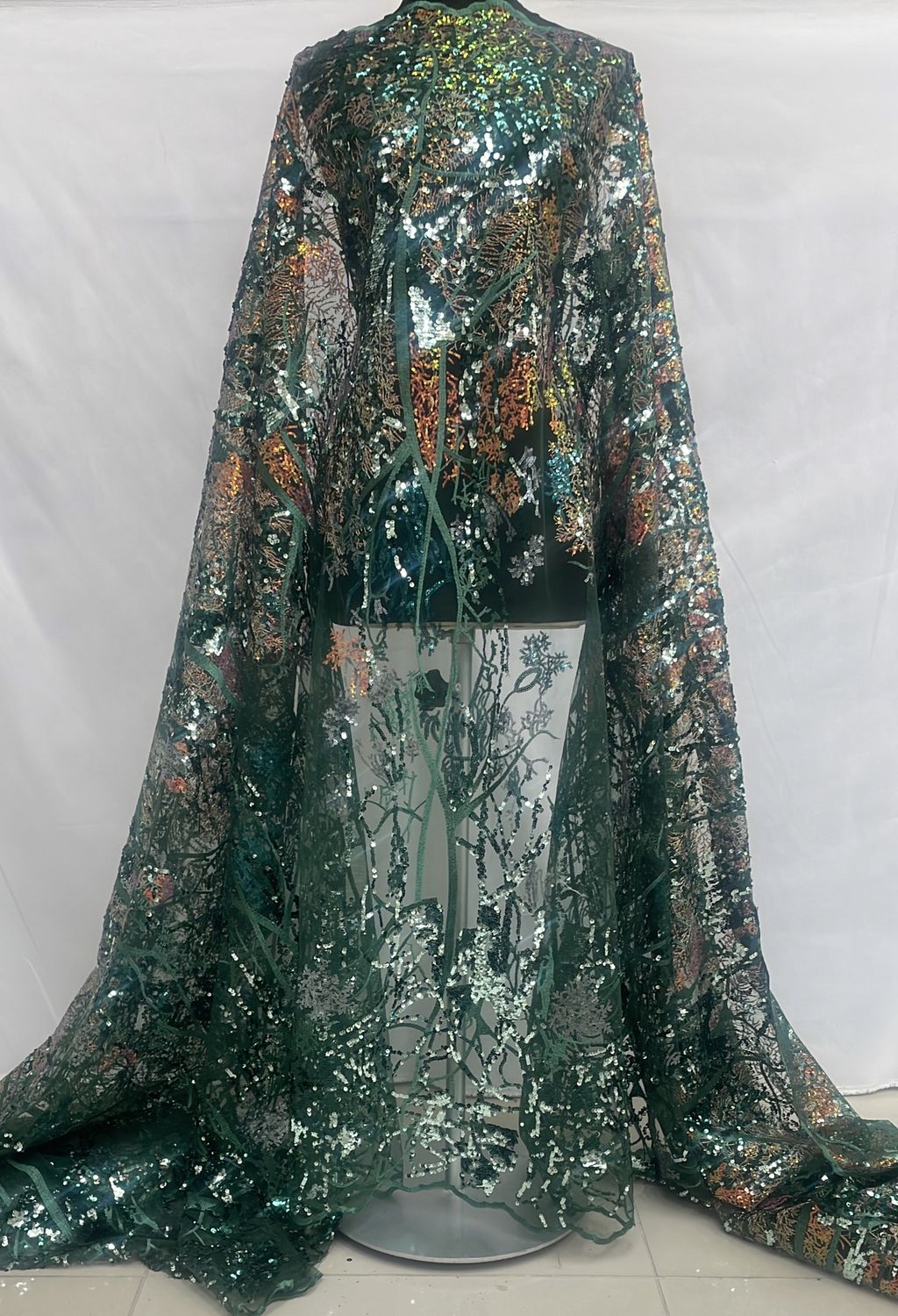 Sequins Dress Fabric [ 24986 ] Tulle Emb Sequence-GZ-39581-137-Bottle Green/Black per Meter