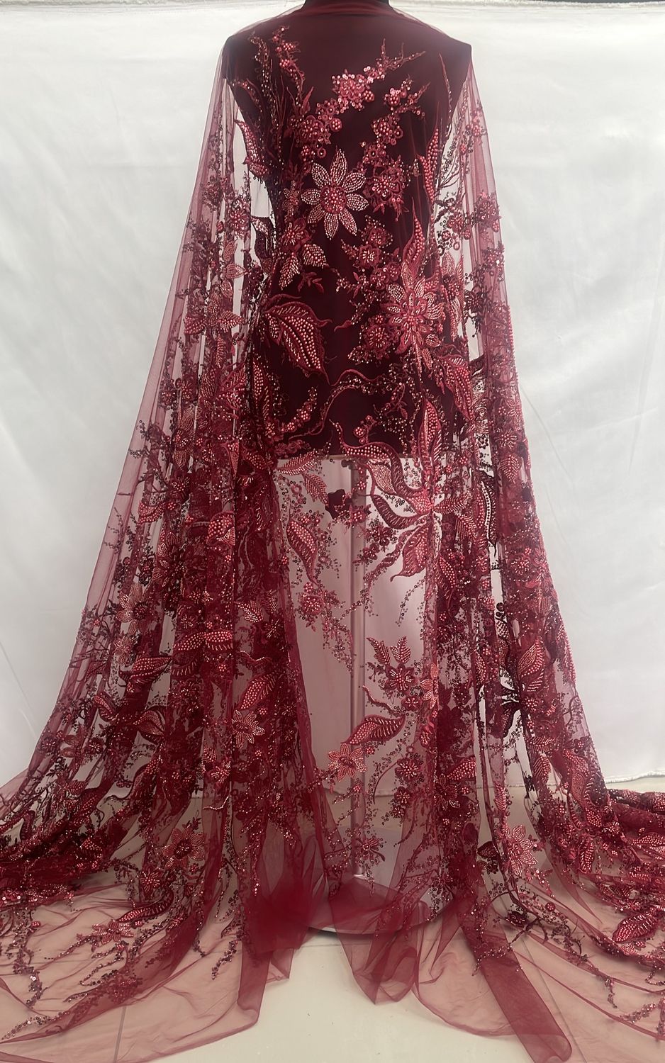 Dress Fabric [ 24750 ] Tulle Emb Bead-37841-137-Deep Red per Meter