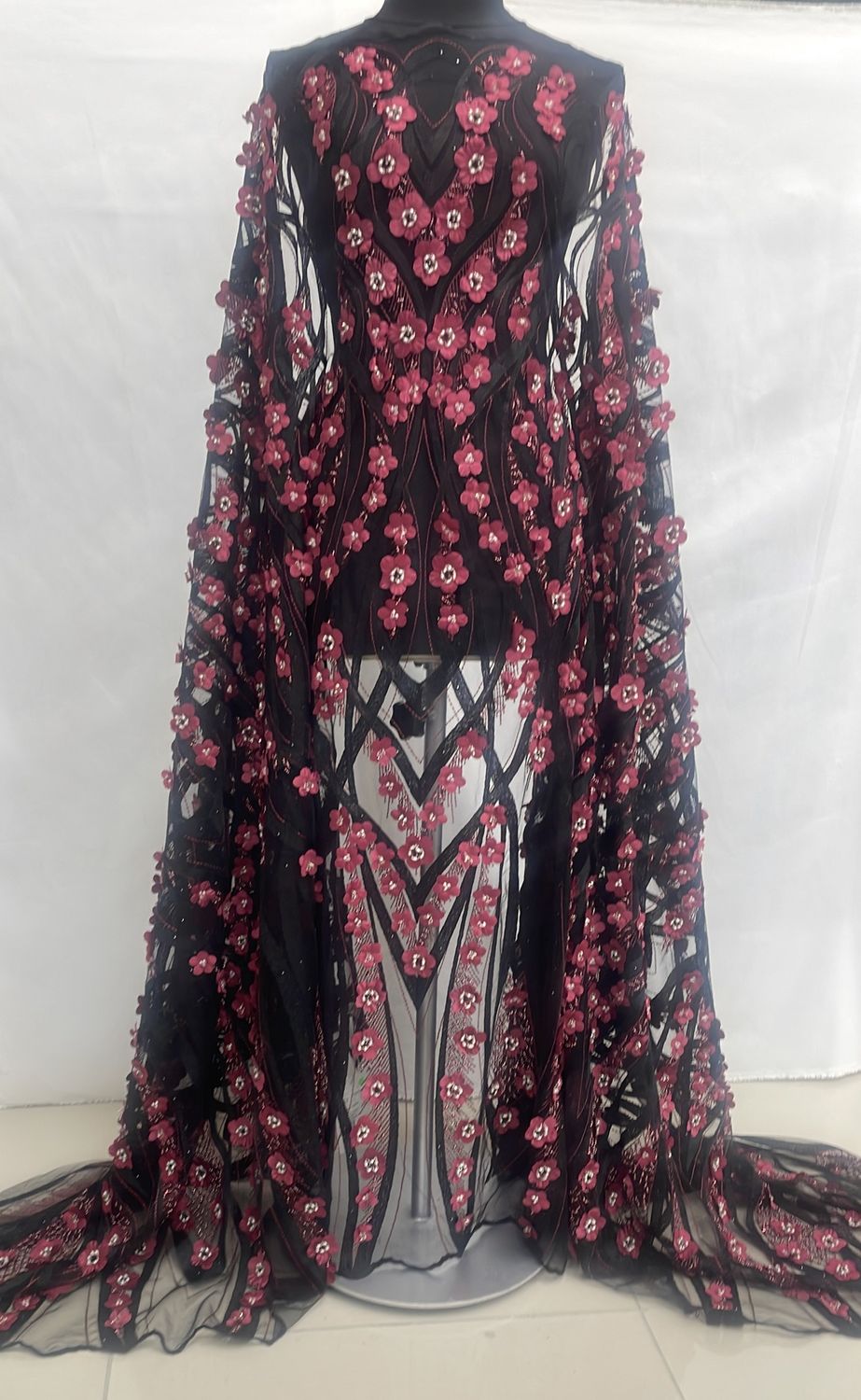 [ 18496 ] Tulle Embroidered Applique Beaded/137cm/5g/Black W per Meter