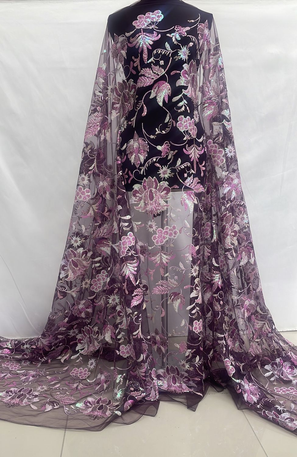 Dress Fabric [ 23020 ] Tulle Emb Secq-137-Purple-003 per Meter